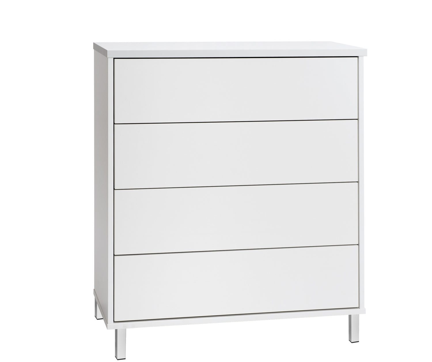 Kuvassa on 80 cm leveä kokovalkoinen Kivi-lipasto valkoisilla metallijaloilla.