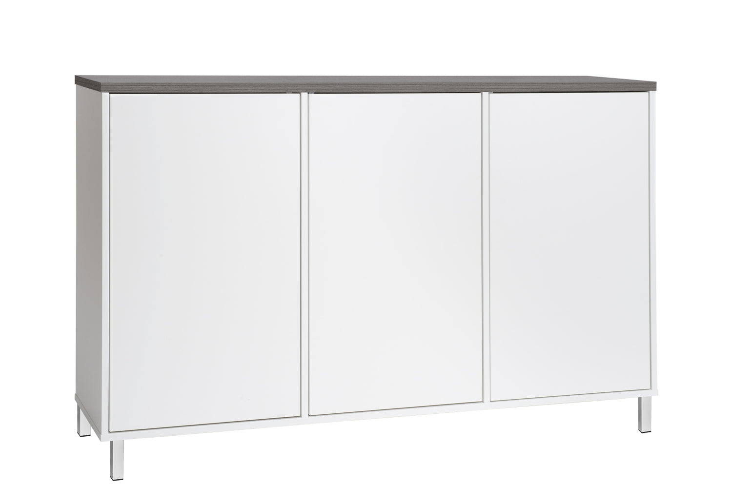 Kuvassa on 144 cm leveä valkoinen Kivi-senkki, jonka kansi on väriltään antrasiitti ja metallijalat ovat valkoiset.