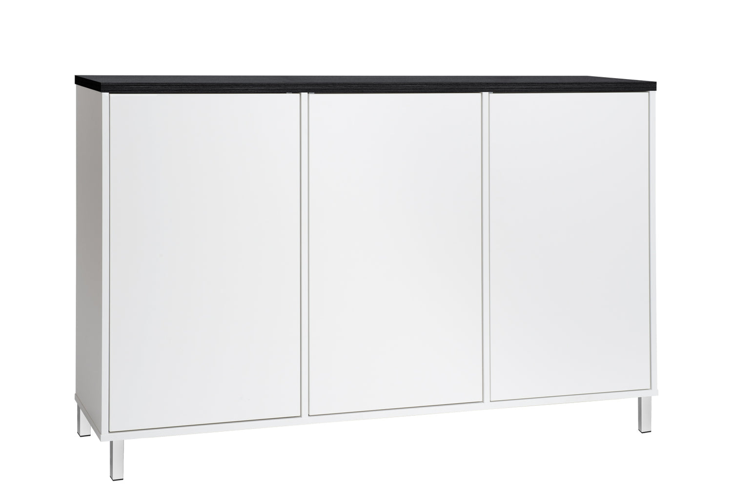 Kuvassa on 144 cm leveä valkoinen Kivi-senkki mustalla kannella ja valkoisilla metallijaloilla.