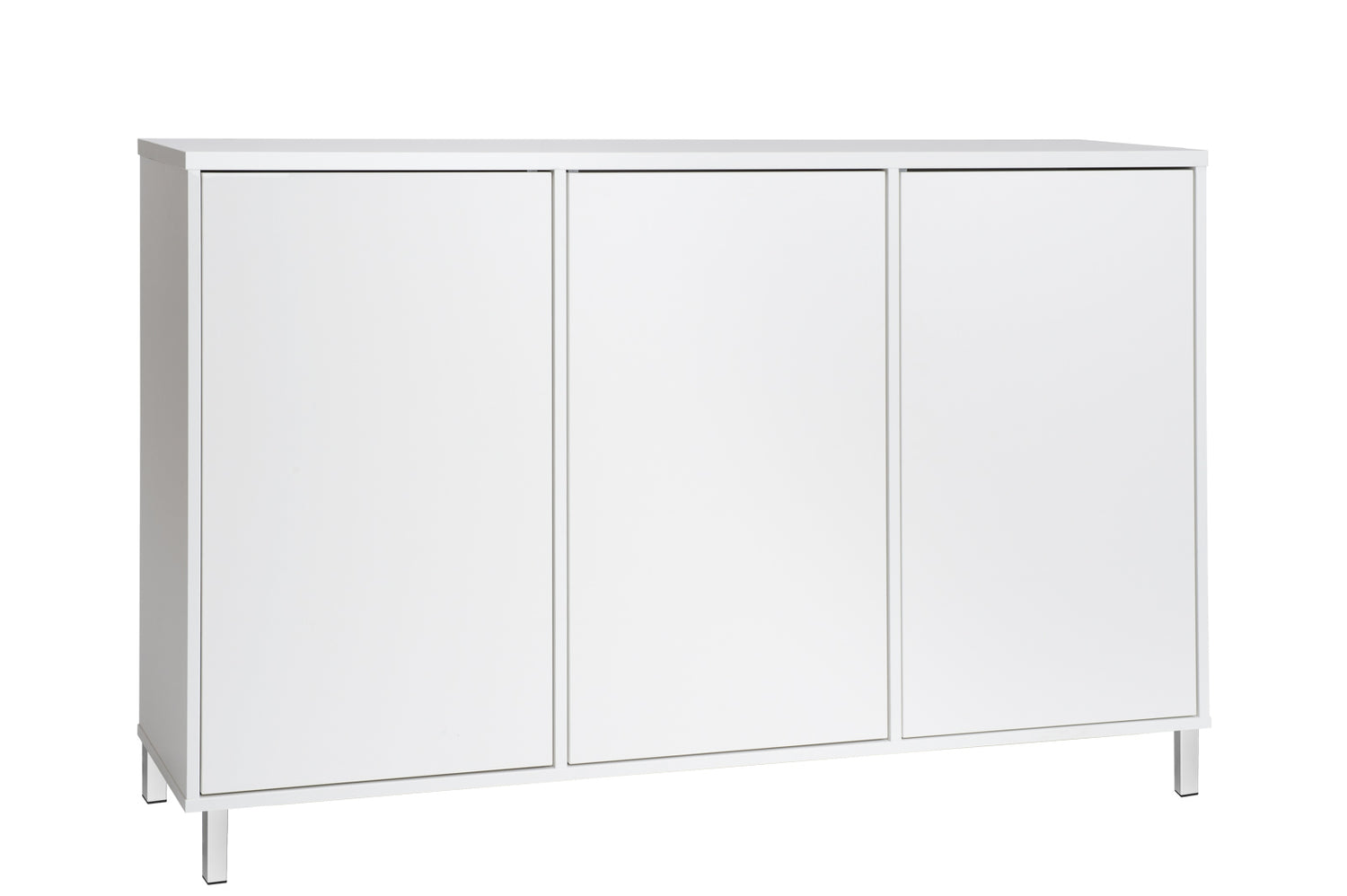 Kuvassa on 144 cm leveä kokovalkoinen Kivi-senkki valkoisilla metallijaloilla.