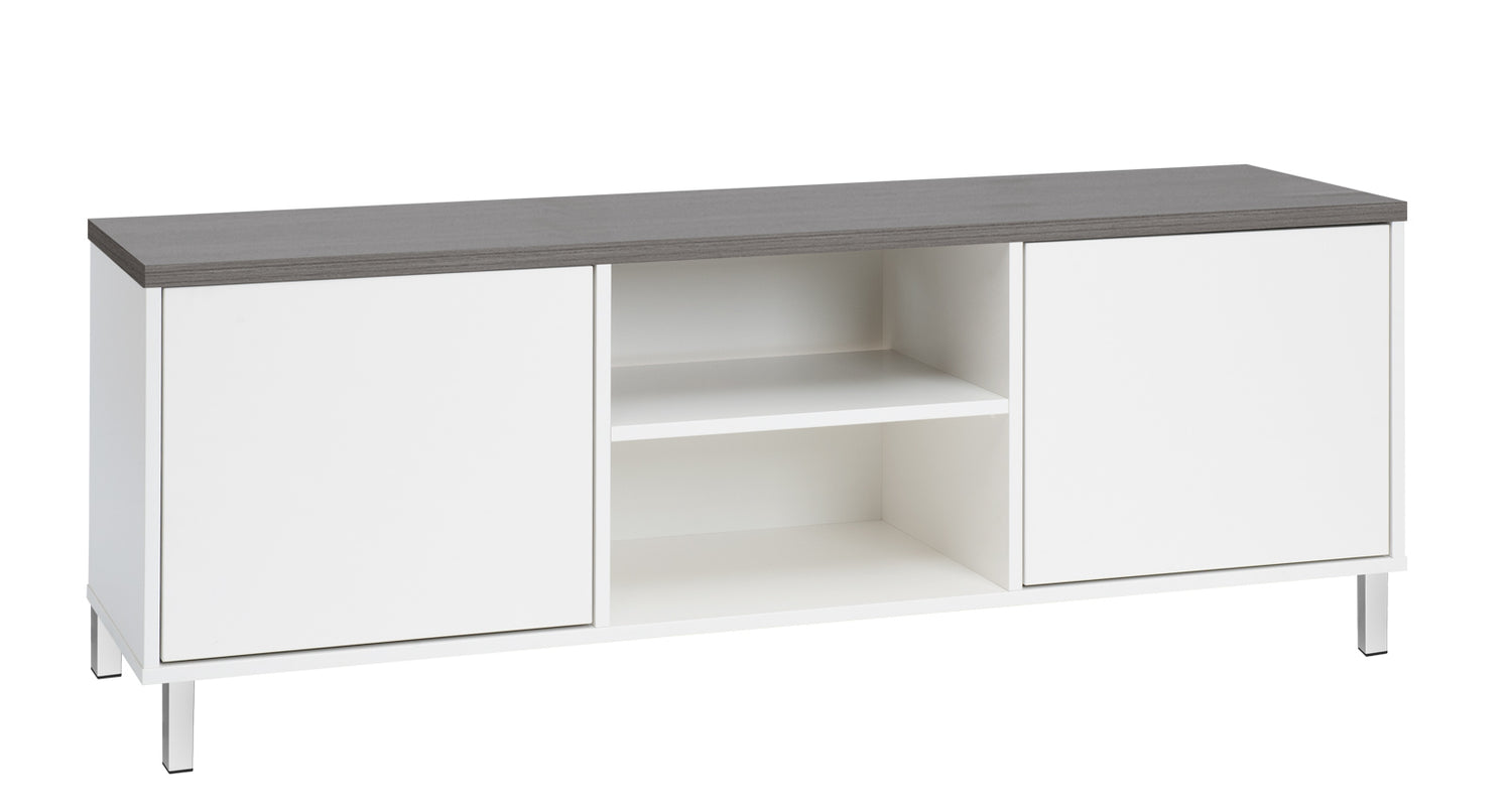 Kuvassa on 144 cm leveä valkoinen Kivi-sarjan tv-taso, jonka kannen väri on antrasiitti ja metallijalat ovat valkoiset.