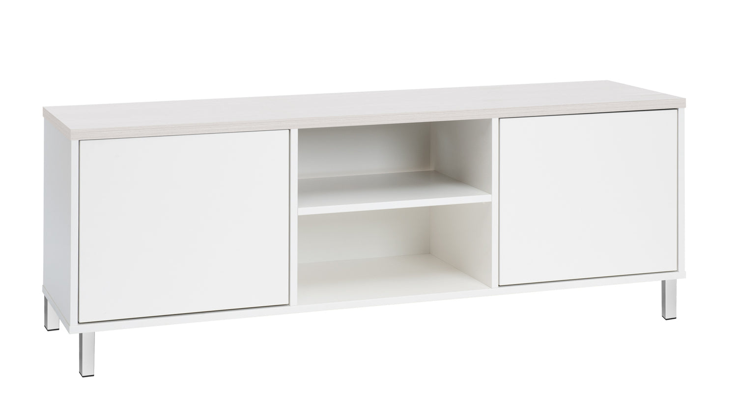 Kuvassa on 144 cm leveä valkoinen Kivi-sarjan tv-taso, jonka kannen väri on valkosaarni ja metallijalat ovat valkoiset.