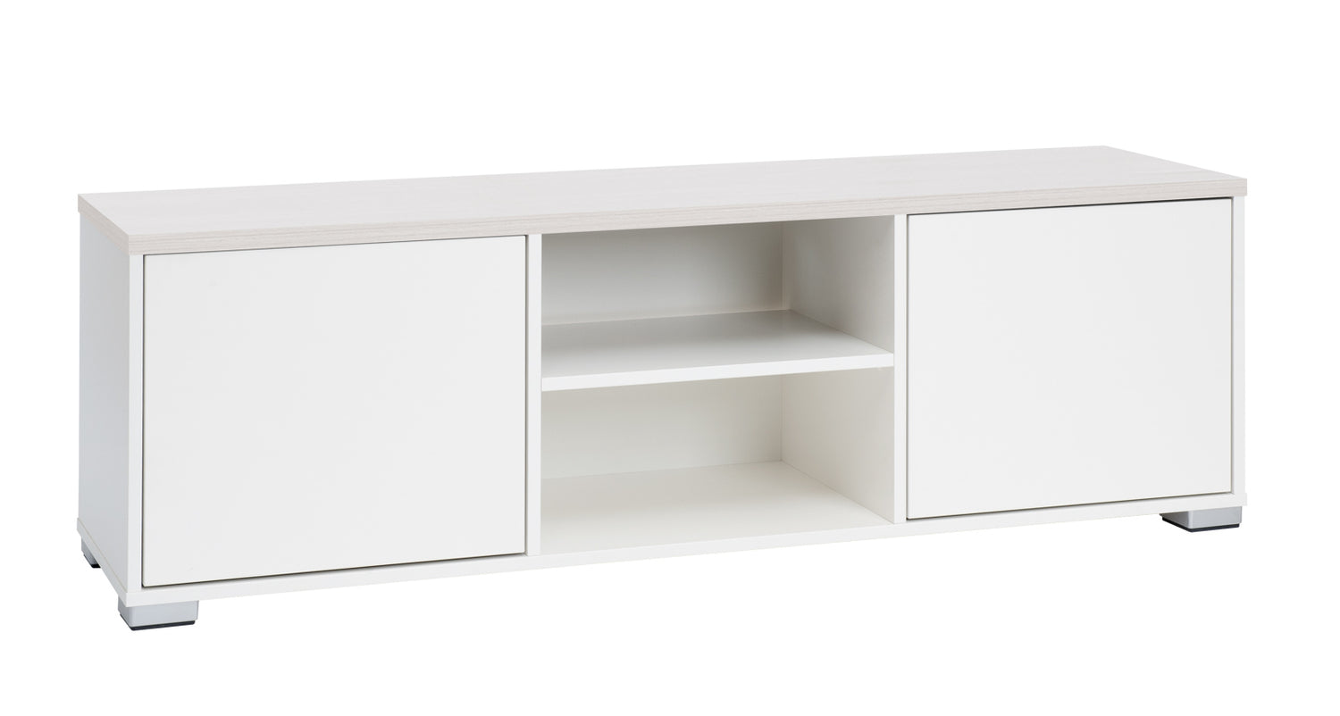 Kuvassa on 144 cm leveä valkoinen Kivi-sarjan tv-taso, jonka kannen väri on valkosaarni ja muovijalat ovat hopeanväriset.