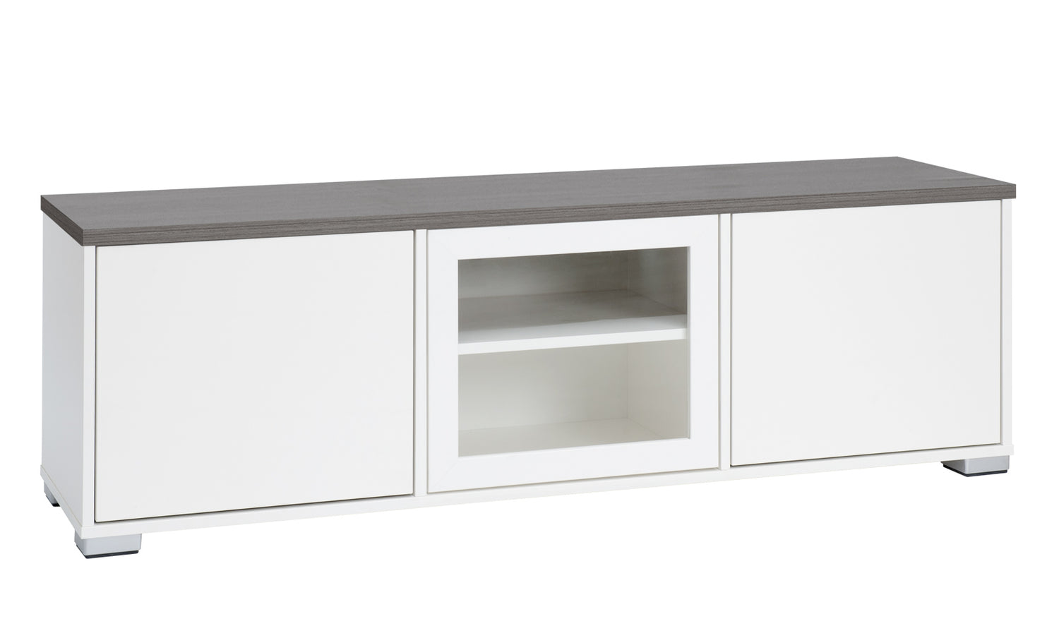 Kuvassa on 144 cm leveä valkoinen Kivi-sarjan tv-taso, jonka kannen väri on antrasiitti ja muovijalat ovat hopeanväriset.