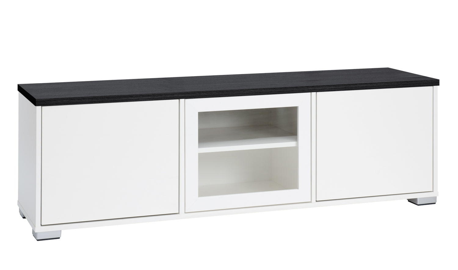 Kuvassa on 144 cm leveä valkoinen Kivi-sarjan tv-taso mustalla kannella ja hopeanvärisillä muovijaloilla.