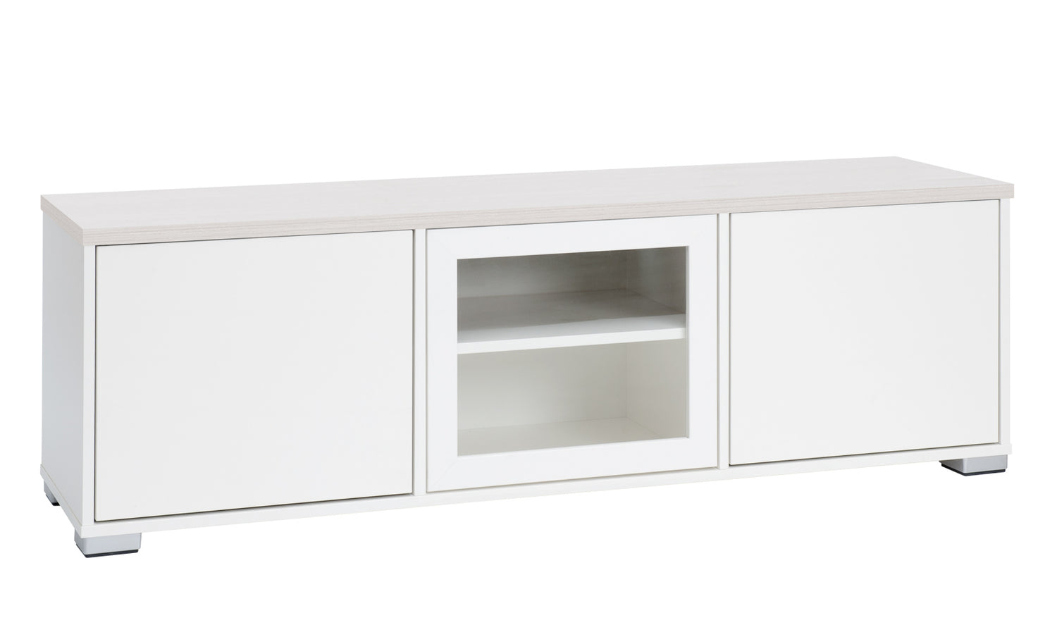 Kuvassa on 144 cm leveä valkoinen Kivi-sarjan tv-taso, jonka kannen väri on valkosaarni ja muovijalat ovat hopeanväriset.