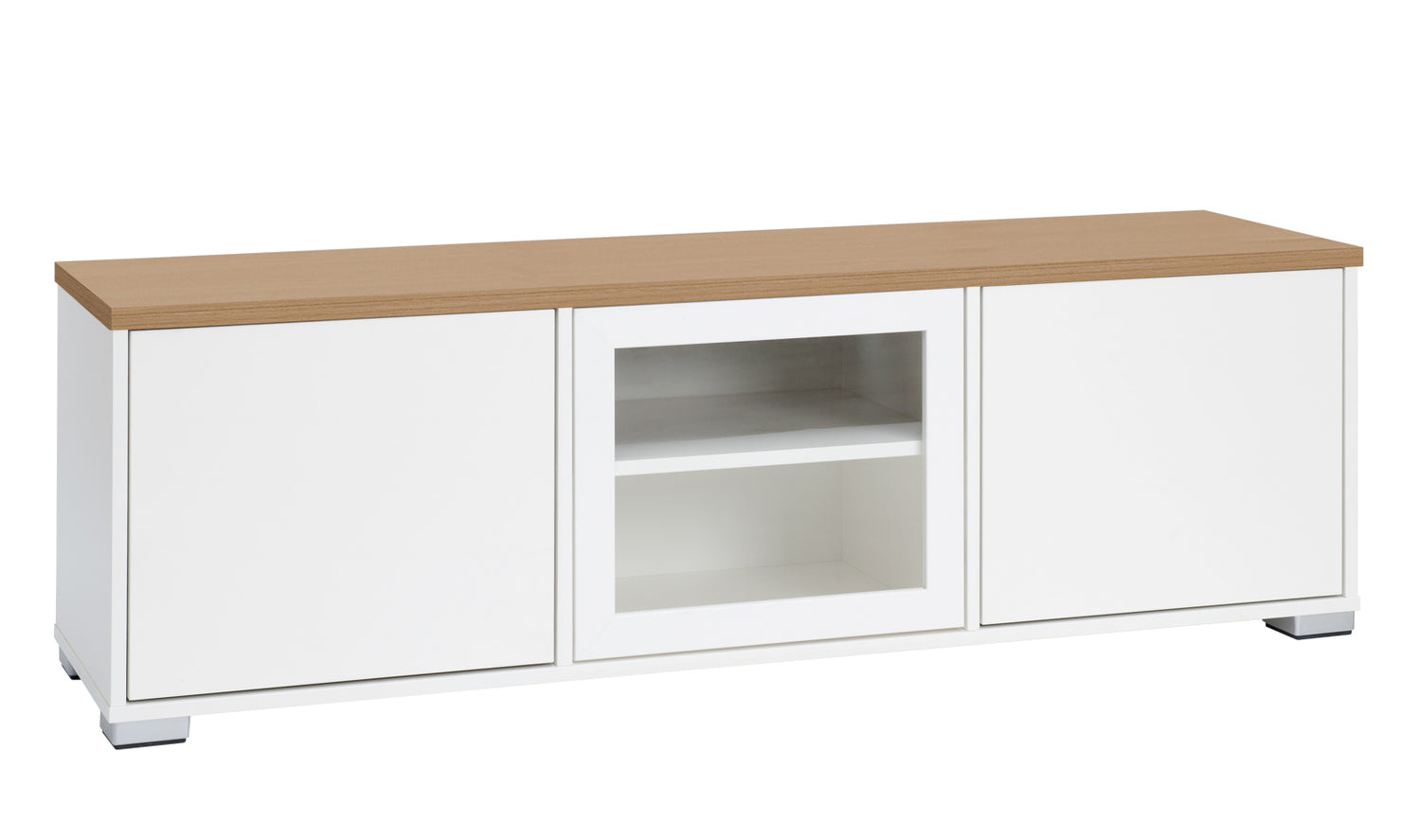 Kuvassa on 144 cm leveä valkoinen Kivi-sarjan tv-taso tammenvärisellä kannella ja hopeanvärisillä muovijaloilla.