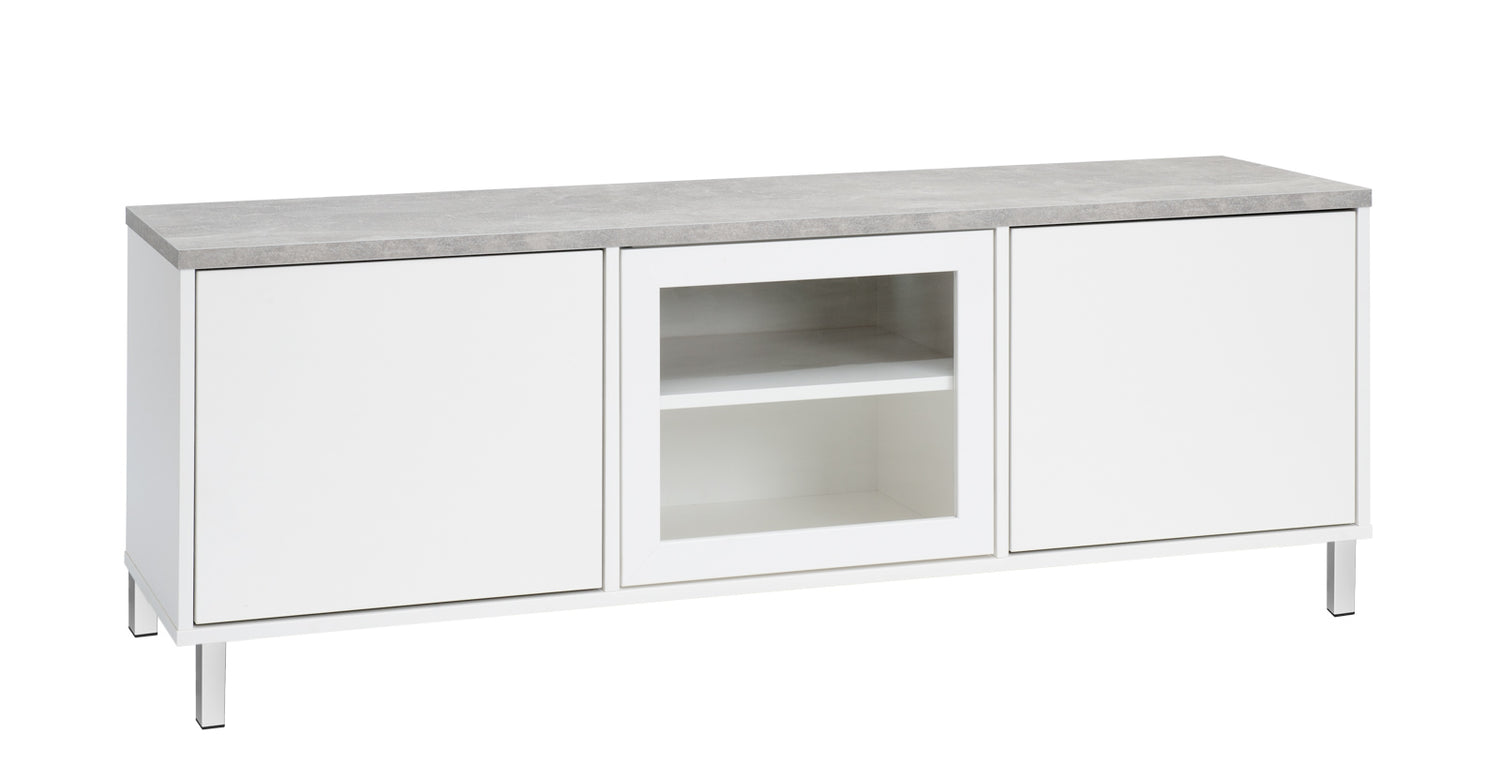 Kuvassa on 144 cm leveä valkoinen Kivi-sarjan tv-taso harmaalla betonijäljitelmän sävyisellä kannella ja valkoisilla metallijaloilla.