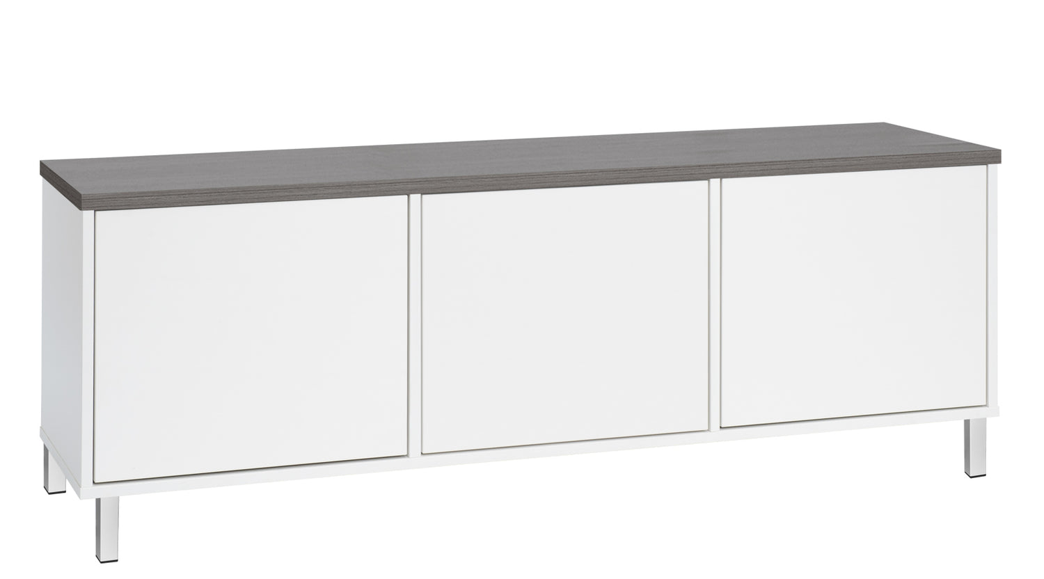 Kuvassa on 144 cm leveä valkoinen Kivi-sarjan tv-taso, jonka kannen väri on antrasiitti ja metallijalat ovat valkoiset.