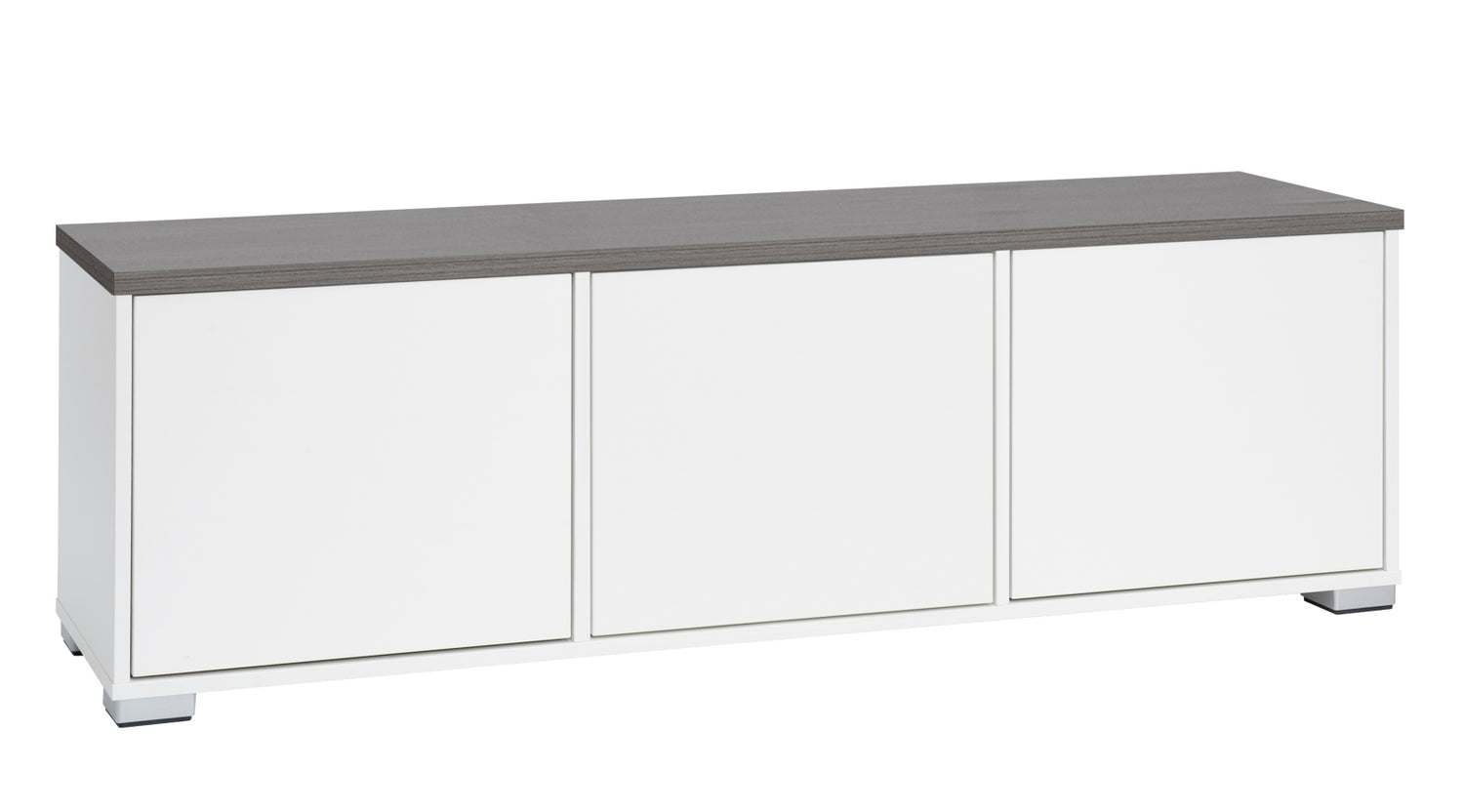 Kuvassa on 144 cm leveä valkoinen Kivi-sarjan tv-taso, jonka kannen väri on antrasiitti ja muovijalat ovat hopeanväriset.