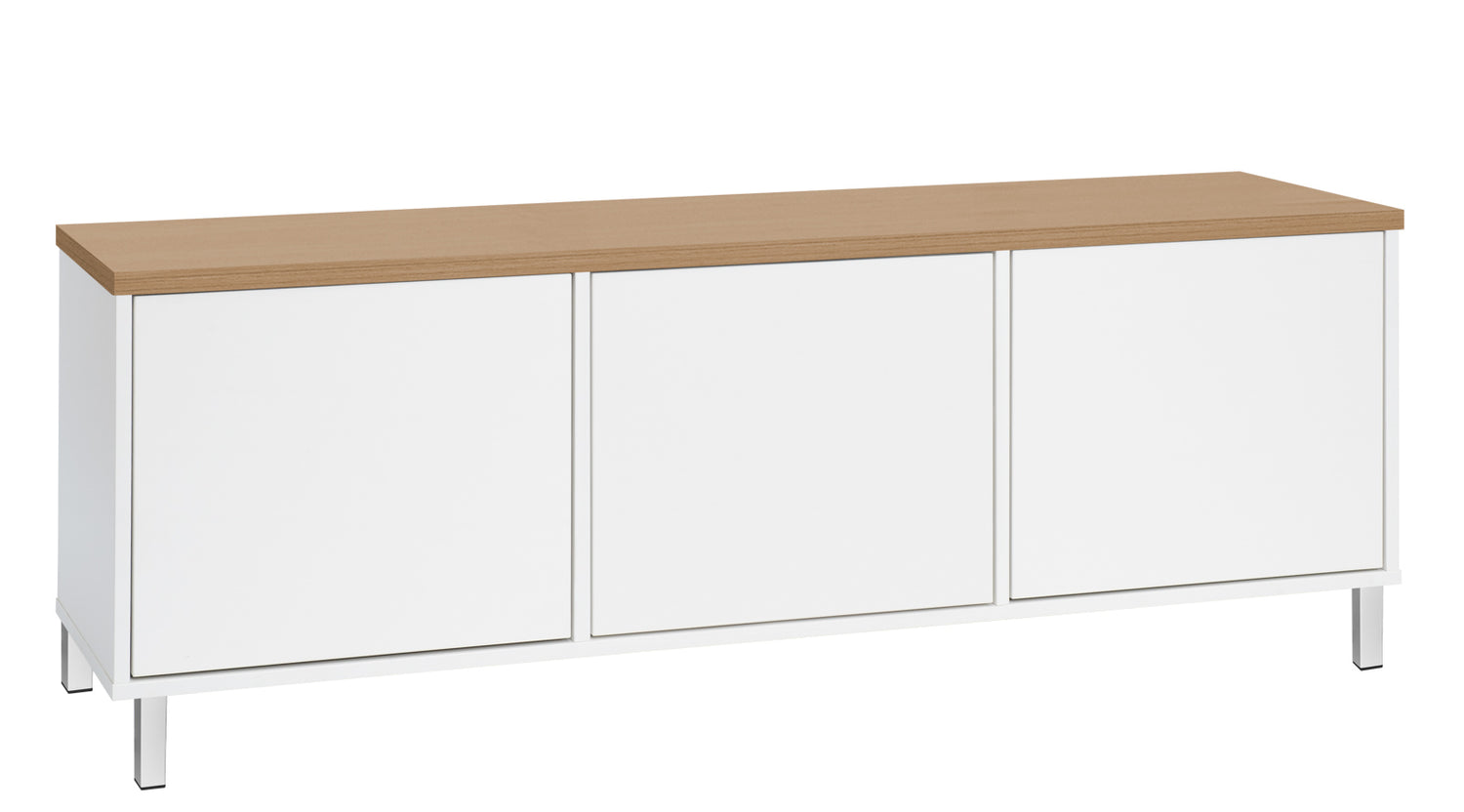 Kuvassa on 144 cm leveä valkoinen Kivi-sarjan tv-taso tammenvärisellä kannella ja valkoisilla metallijaloilla.