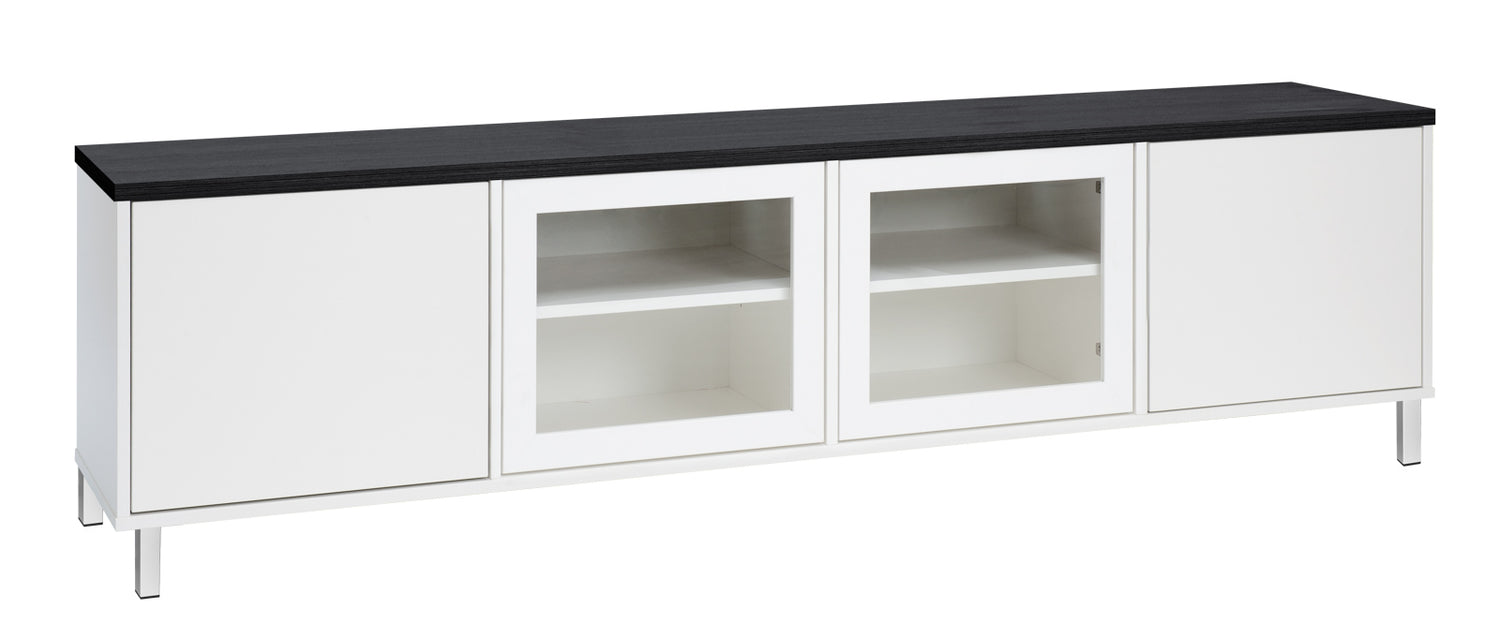 Kuvassa on 192 cm leveä valkoinen Kivi-sarjan tv-taso mustalla kannella ja valkoisilla metallijaloilla.