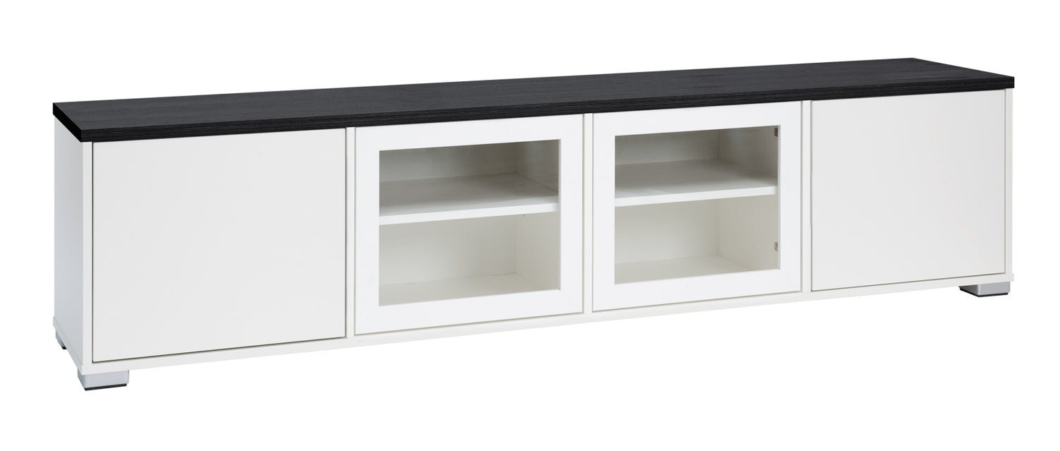 Kuvassa on 192 cm leveä valkoinen Kivi-sarjan tv-taso mustalla kannella ja hopeanvärisillä muovijaloilla.