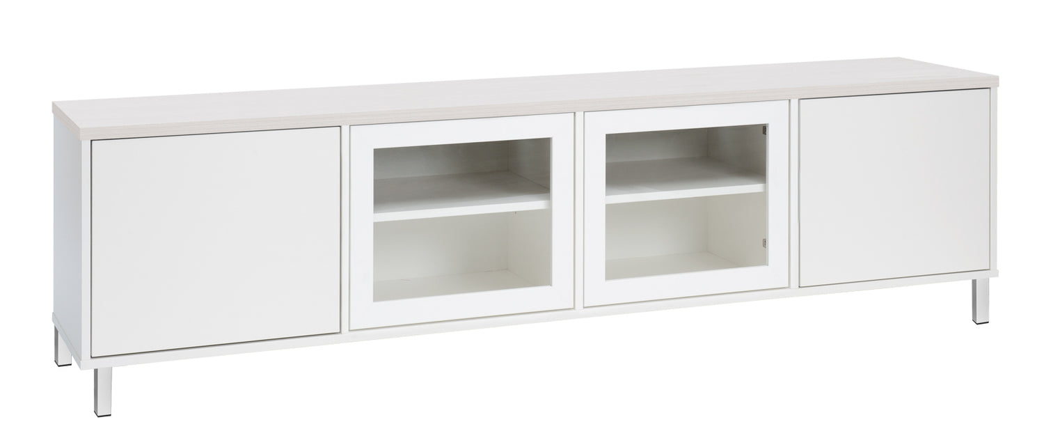 Kuvassa on 192 cm leveä valkoinen Kivi-sarjan tv-taso, jonka kannen väri on valkosaarni ja metallijalat ovat valkoiset.