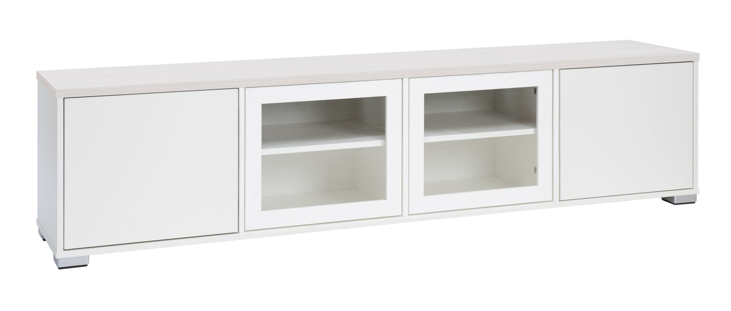 Kuvassa on 192 cm leveä valkoinen Kivi-sarjan tv-taso, jonka kannen väri on valkosaarni ja muovijalat ovat hopeanväriset.