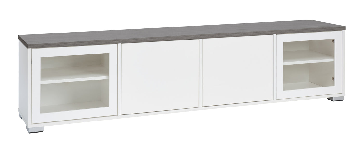 Kuvassa on 192 cm leveä valkoinen Kivi-sarjan tv-taso, jonka kannen väri on antrasiitti ja muovijalat ovat hopeanväriset.