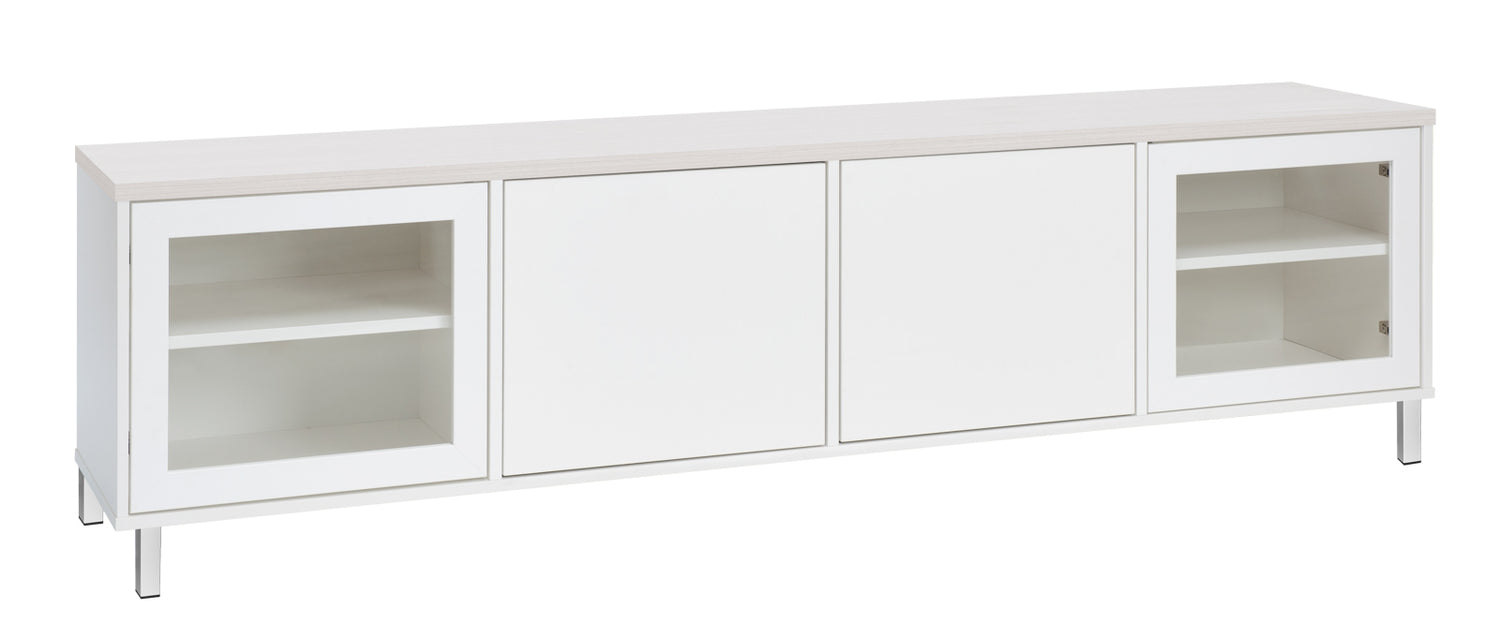 Kuvassa on 192 cm leveä valkoinen Kivi-sarjan tv-taso, jonka kannen väri on valkosaarni ja metallijalat ovat valkoiset.