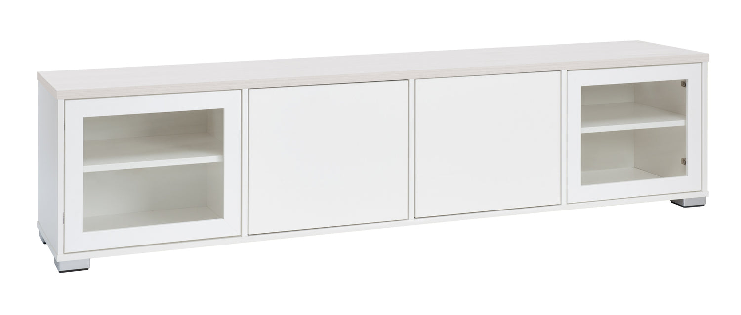 Kuvassa on 192 cm leveä valkoinen Kivi-sarjan tv-taso, jonka kannen väri on valkosaarni ja muovijalat ovat hopeanväriset.