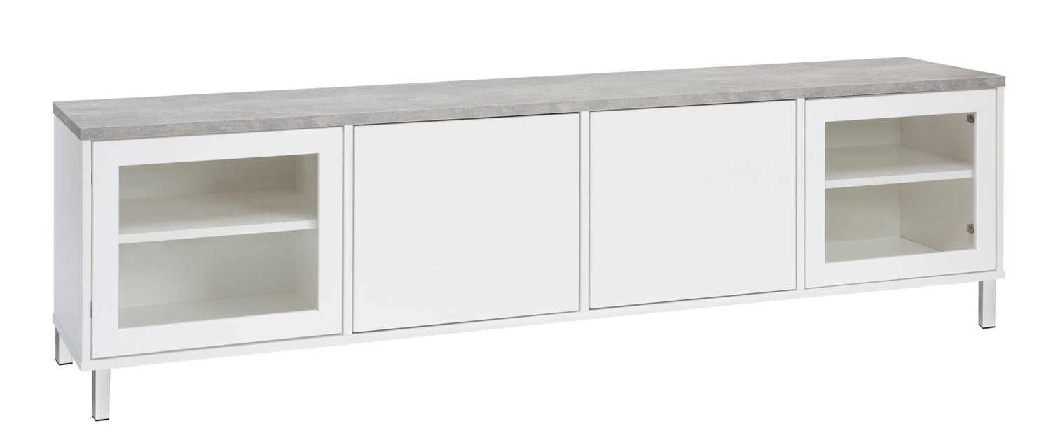 Kuvassa on 192 cm leveä valkoinen Kivi-sarjan tv-taso harmaalla betonijäljitelmän sävyisellä kannella ja valkoisilla metallijaloilla.