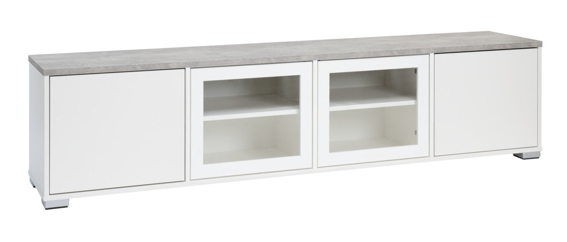 Kuvassa on 192 cm leveä valkoinen Kivi-sarjan tv-taso harmaalla betonijäljitelmän sävyisellä kannella ja hopeanvärisillä muovijaloilla.