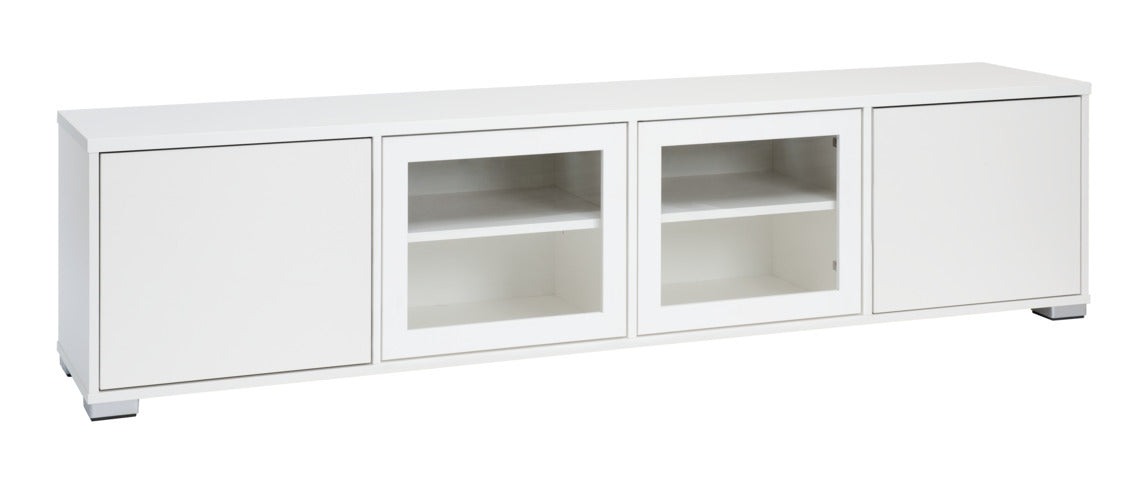 Kuvassa on 192 cm leveä kokovalkoinen Kivi-sarjan tv-taso hopeanvärisillä muovijaloilla.