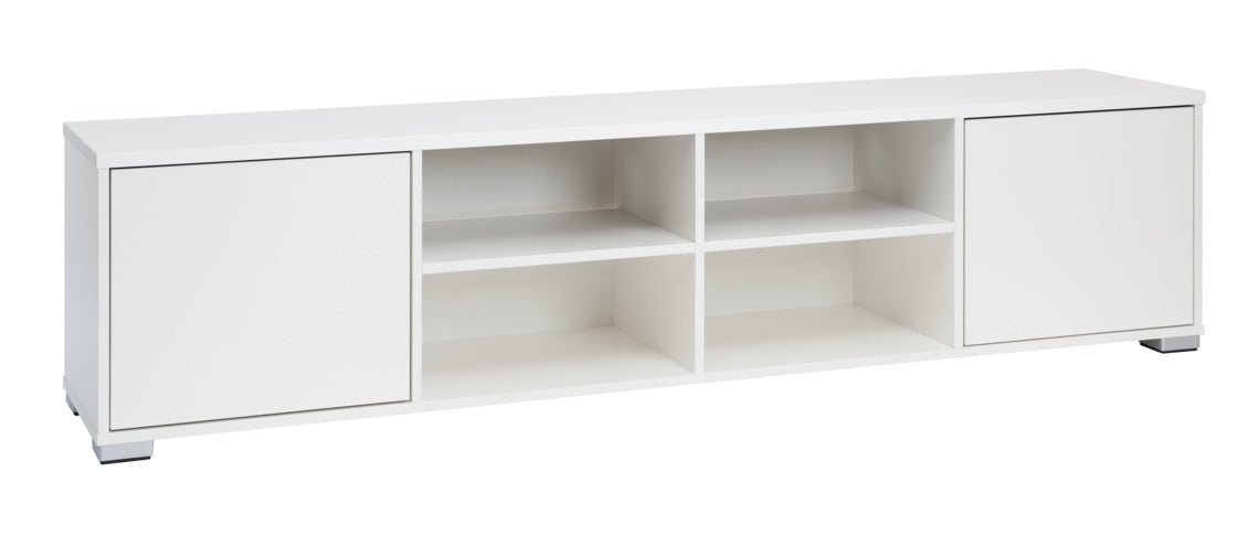 Kuvassa on 192 cm leveä kokovalkoinen Kivi-sarjan tv-taso hopeanvärisillä muovijaloilla.