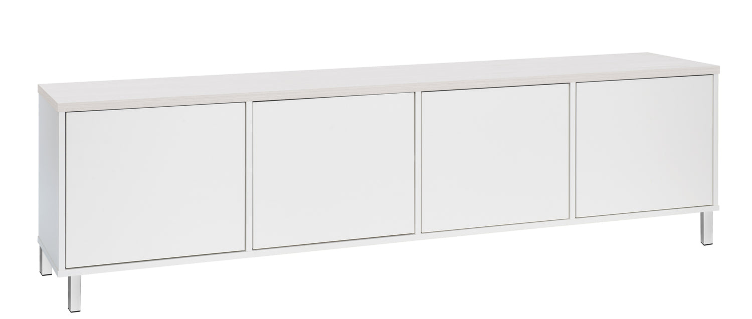 Kuvassa on 192 cm leveä valkoinen Kivi-sarjan tv-taso, jonka kannen väri on valkosaarni ja metallijalat ovat valkoiset.