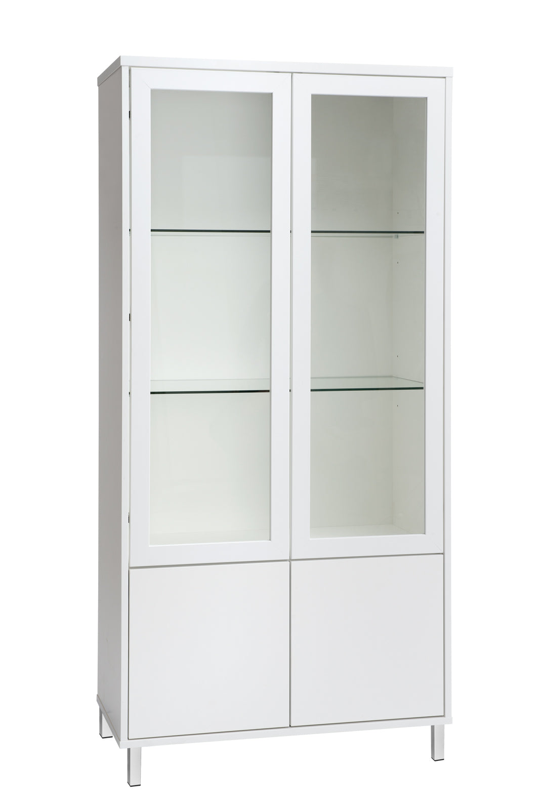 Kuvassa on 80 cm leveä kokovalkoinen Kivi-vitriini valkoisilla metallijaloilla.