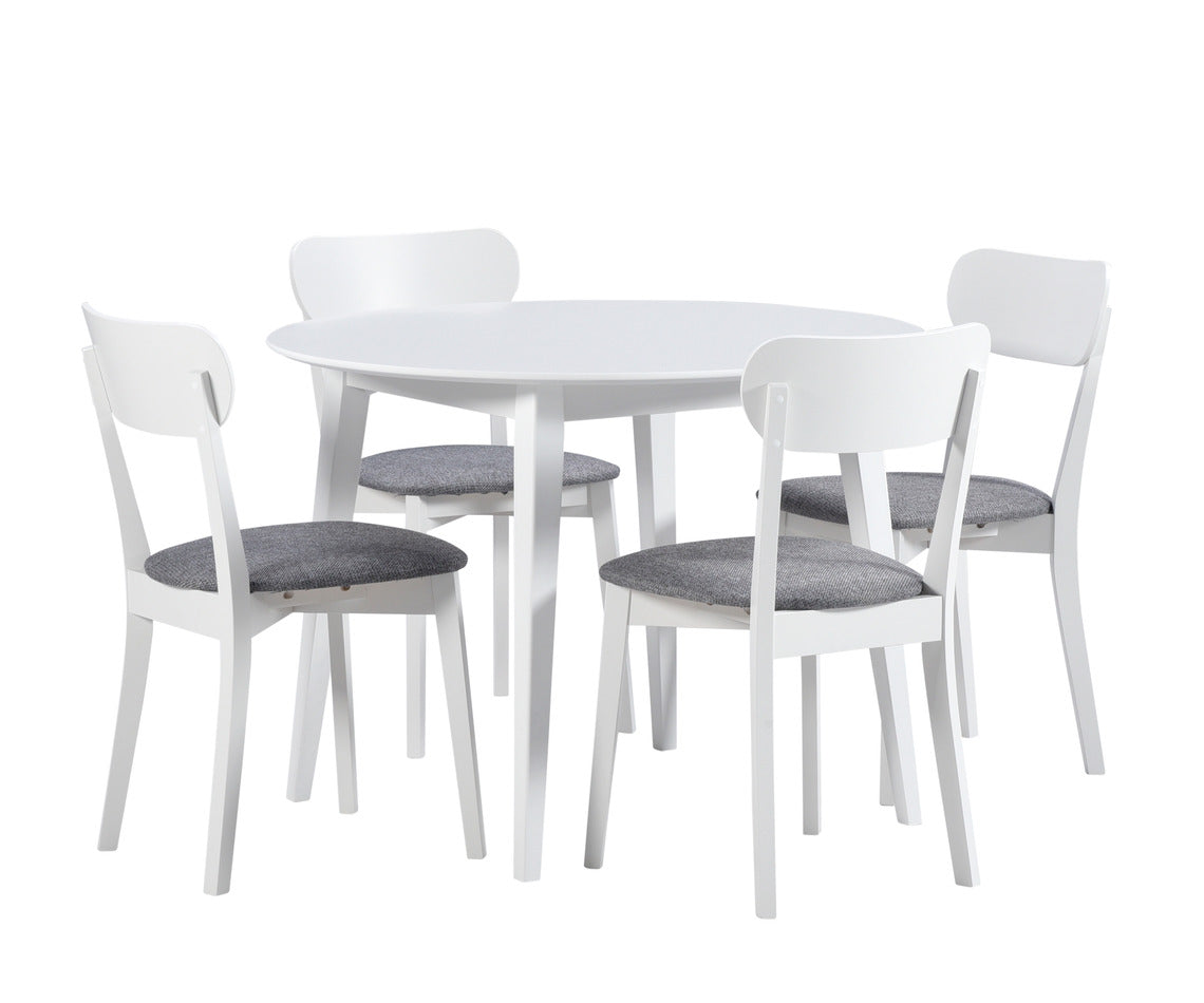 Pyöreä 4 hengen Laine-ruokailuryhmä harmailla kangasverhoilluilla Laine-tuoleilla.