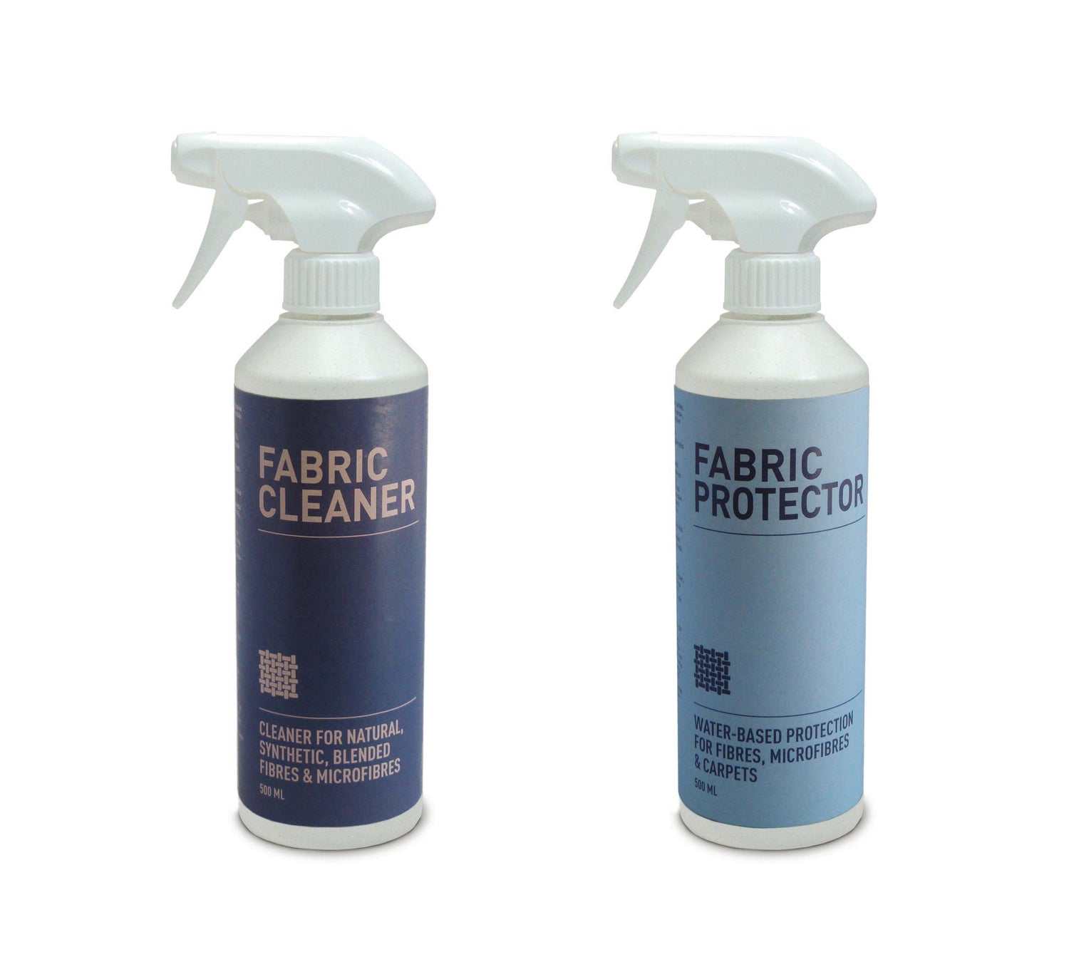 Kuvassa Textile Cleaner ja Textile Protector W -pullot uudistuvalla ulkoasulla.