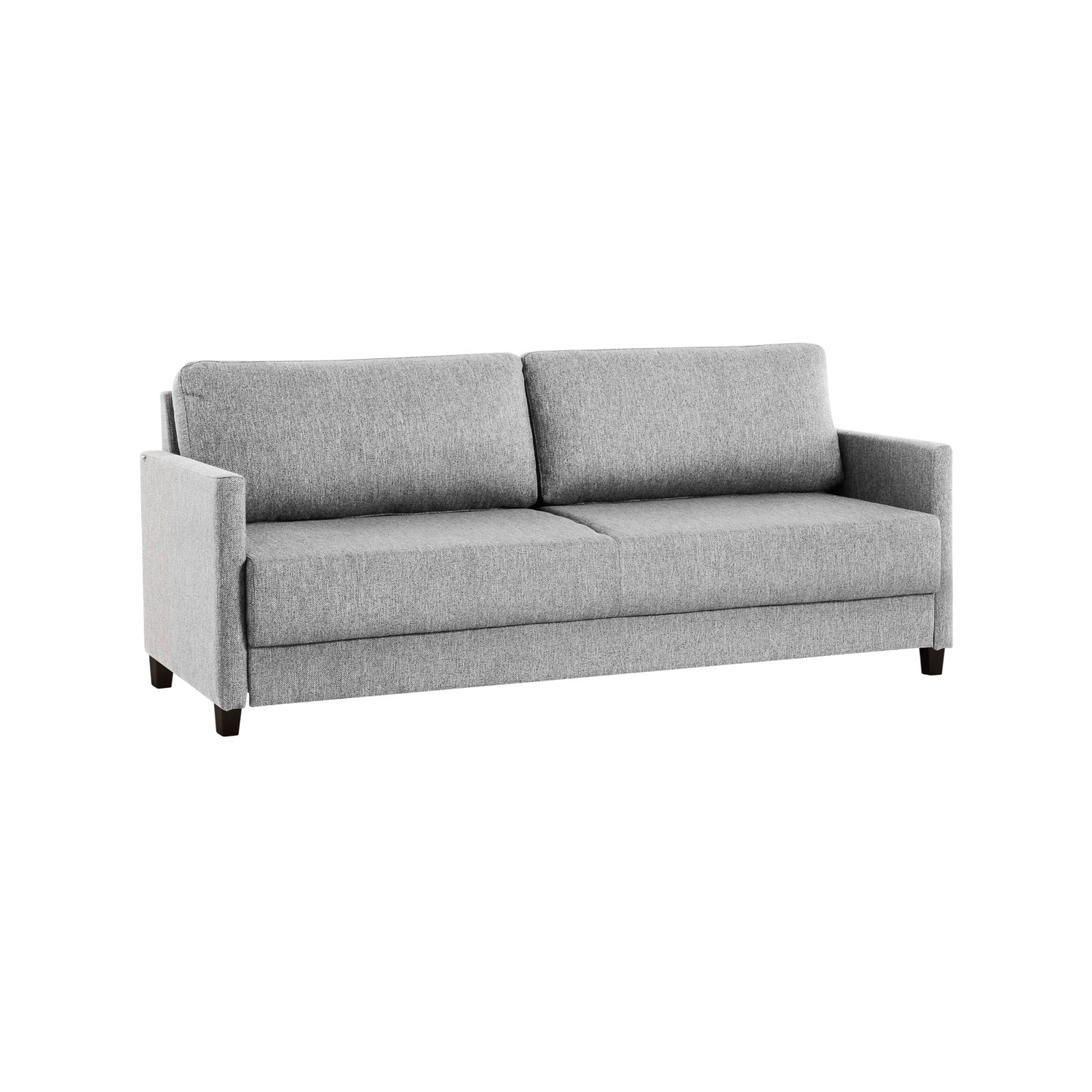 Lilja-vuodesohva vaaleanharmaalla Verde 18 -kankaalla ja 10 cm korkeilla mustilla puujaloilla. Tyylikäs sohva kätkee sisäänsä erittäin helppokäyttöisen vuodemekanismin.