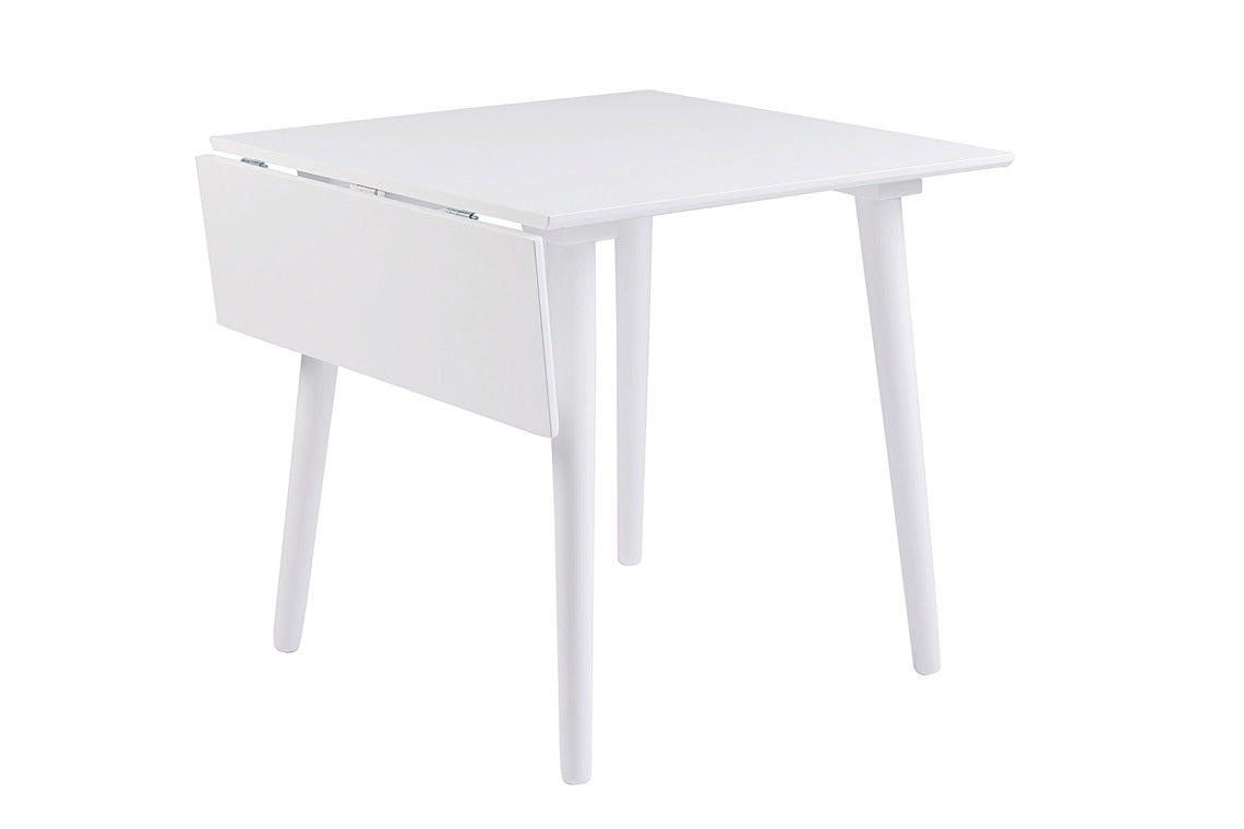Valkoinen Lotta-klaffipöytä koossa 80 x 80 cm ja 25 cm klaffiosalla.