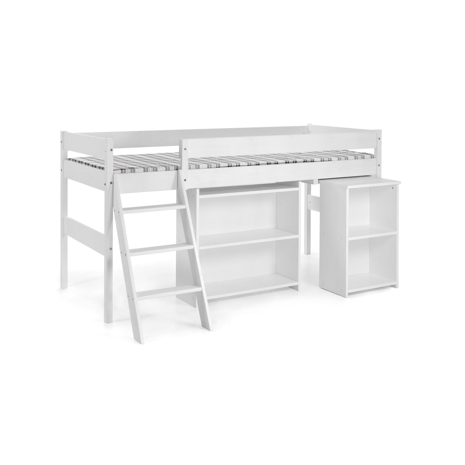 Matala Lotta-parvisänky on kätevä kokonaisuus lastenhuoneeseen. Leveän hyllykön paikkaa voi halutessaan vaihtaa päädyn sijaan etupuolelle. Parvisängyn alta pikkuhyllyköstä saa vedettyä esiin kirjoitustason. Kuvassa on patja joka myydään erikseen. Sänkyyn sopii vaahtomuovi- tai joustinpatja.