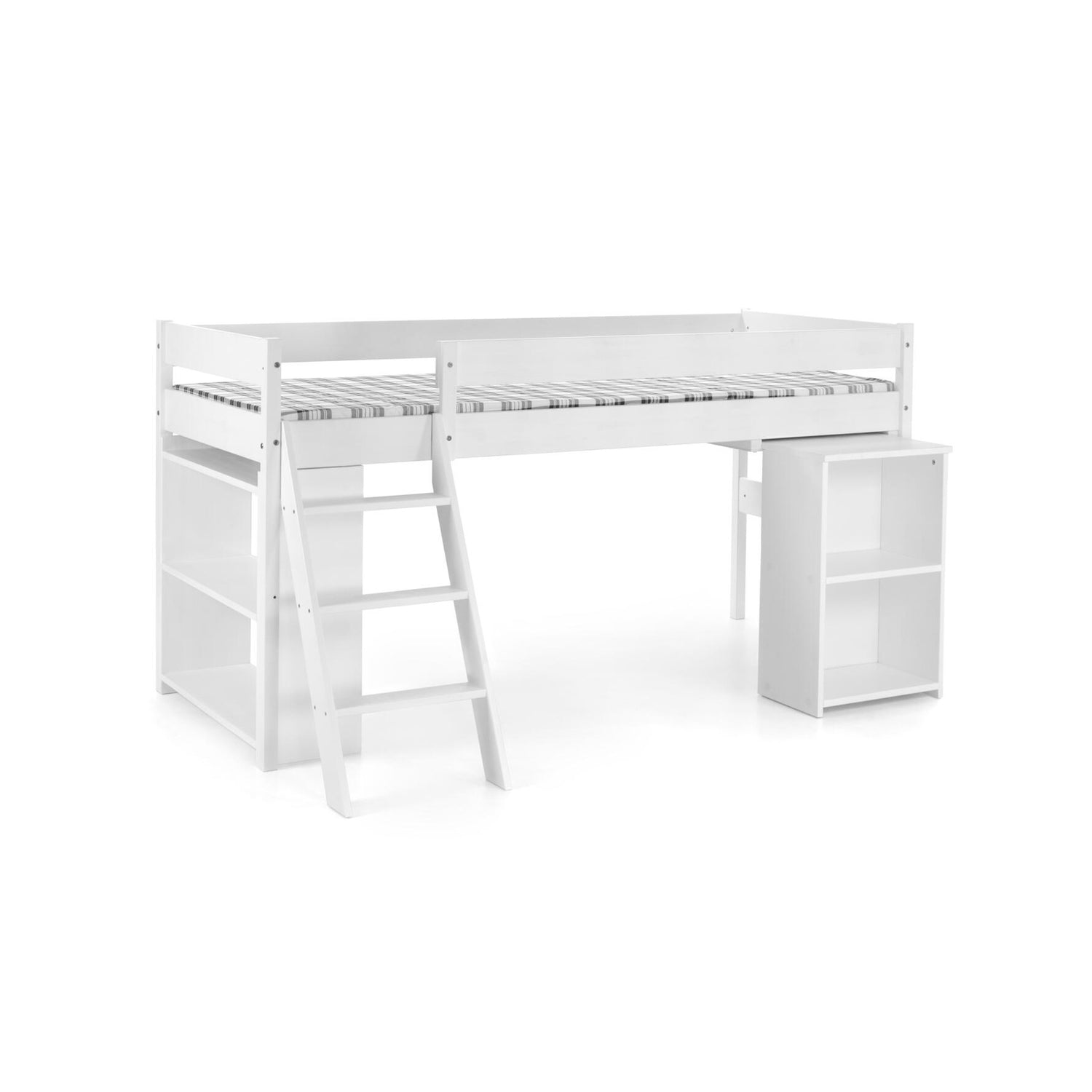 Matala Lotta-parvisänky on kätevä kokonaisuus lastenhuoneeseen. Parvisänkyyn saa lisävarusteena ostettua alla oikealla pikkuhyllykkönä toimivan esiin vedettävän kirjoitustason, sekä leveämmän hyllykön parven alle. Kuvassa on patja joka myydään erikseen. Sänkyyn sopii vaahtomuovi- tai joustinpatja.