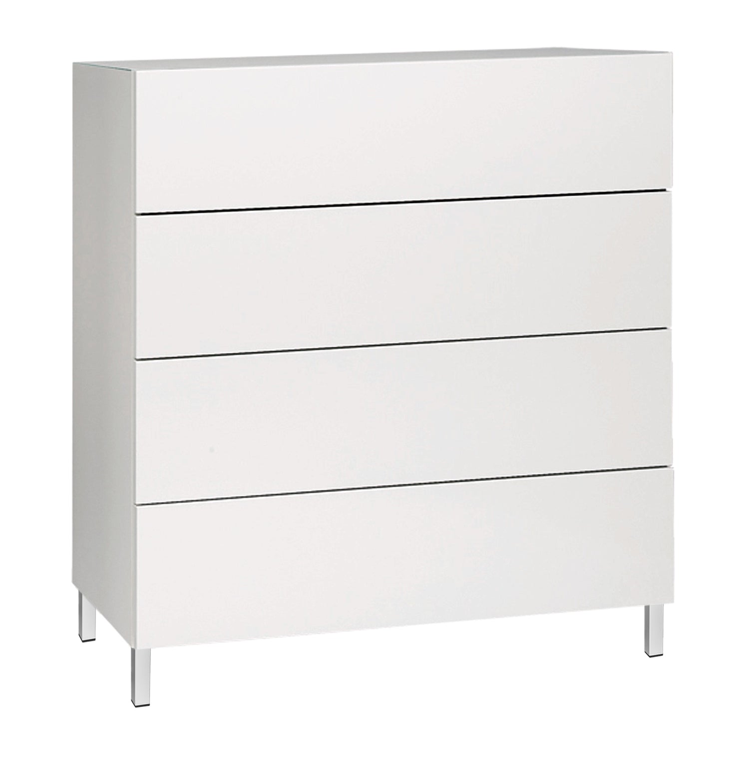 Kuvassa on 92 cm leveä korkeakiiltovalkoinen Lumo-lipasto valkoisilla metallijaloilla. Sarjan tuotteissa on valkoinen lasikansi.