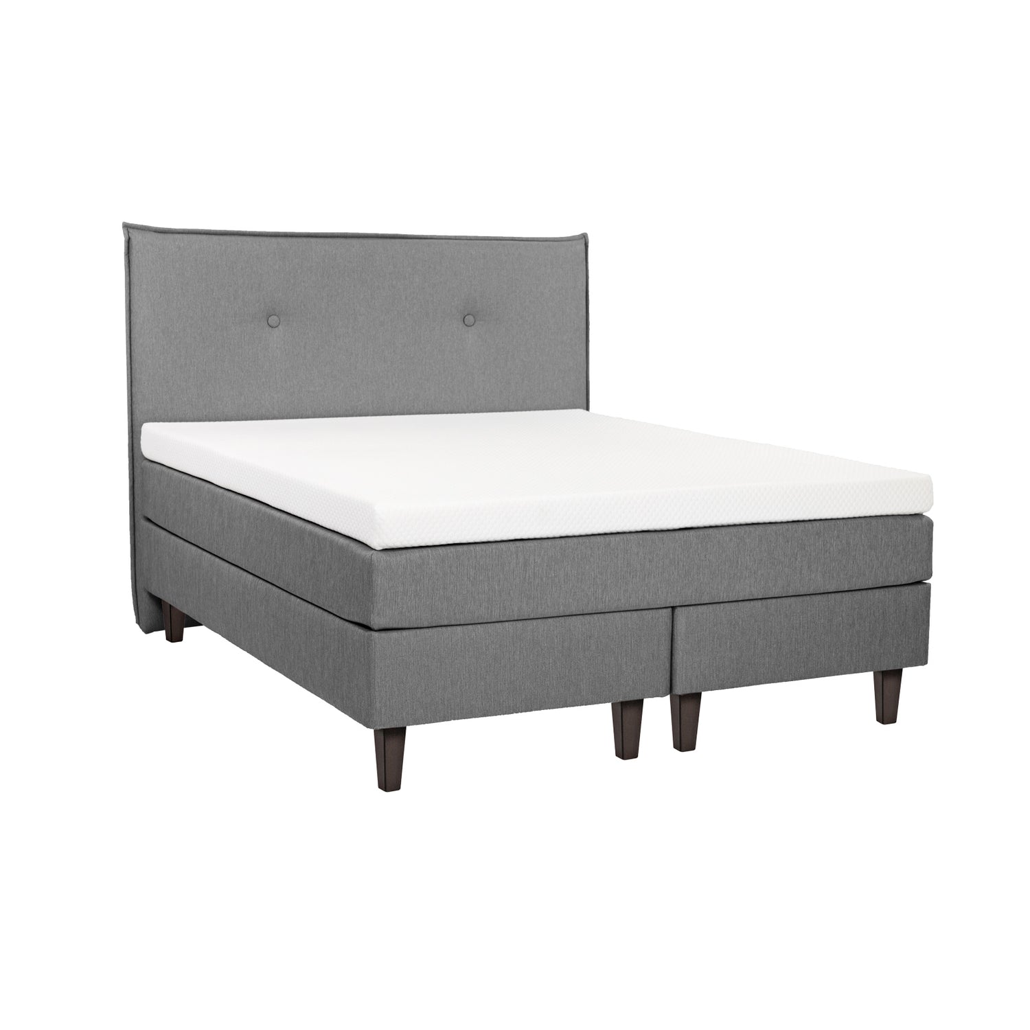 Tummanharmaa Meri Ergo -jenkkisänky 160 x 200 cm viskoelastisella Meri Ergo XL -sijauspatjalla ja wengen värisillä Royal-tammijaloilla. Kuvan Meri-sängynpääty myydään erikseen.