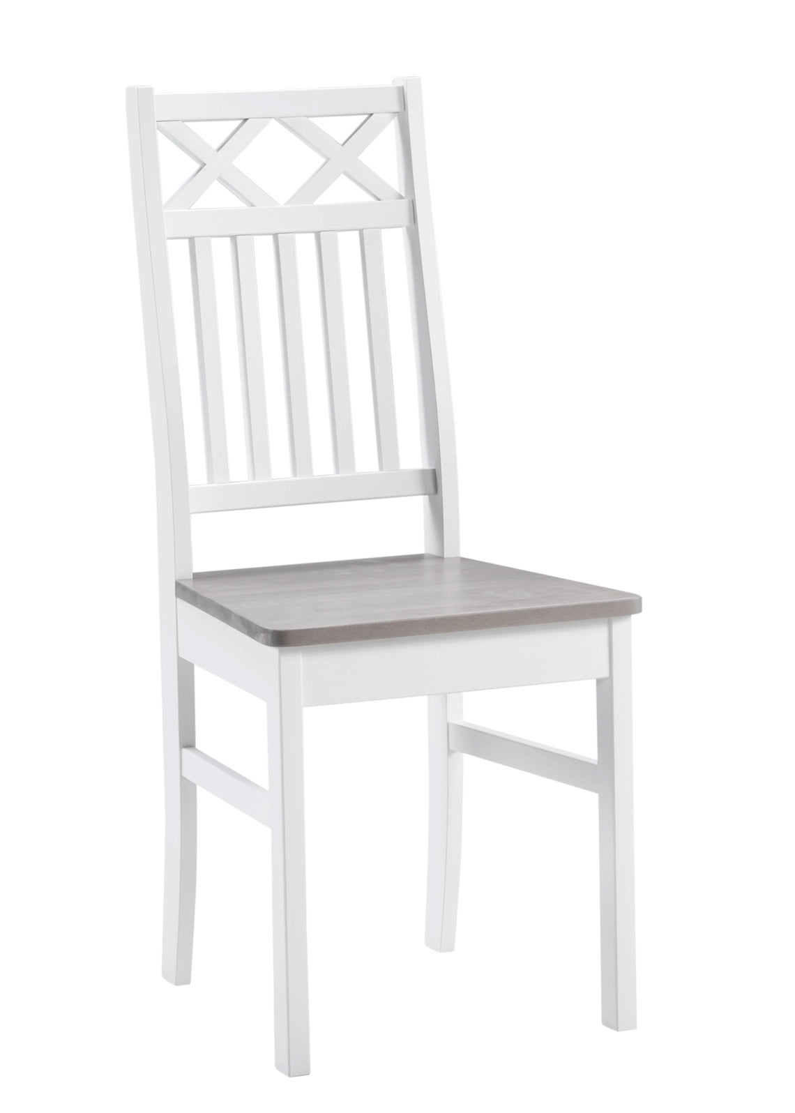 Metro-tuoli valkoisella rungolla ja harmaalla istuimella.