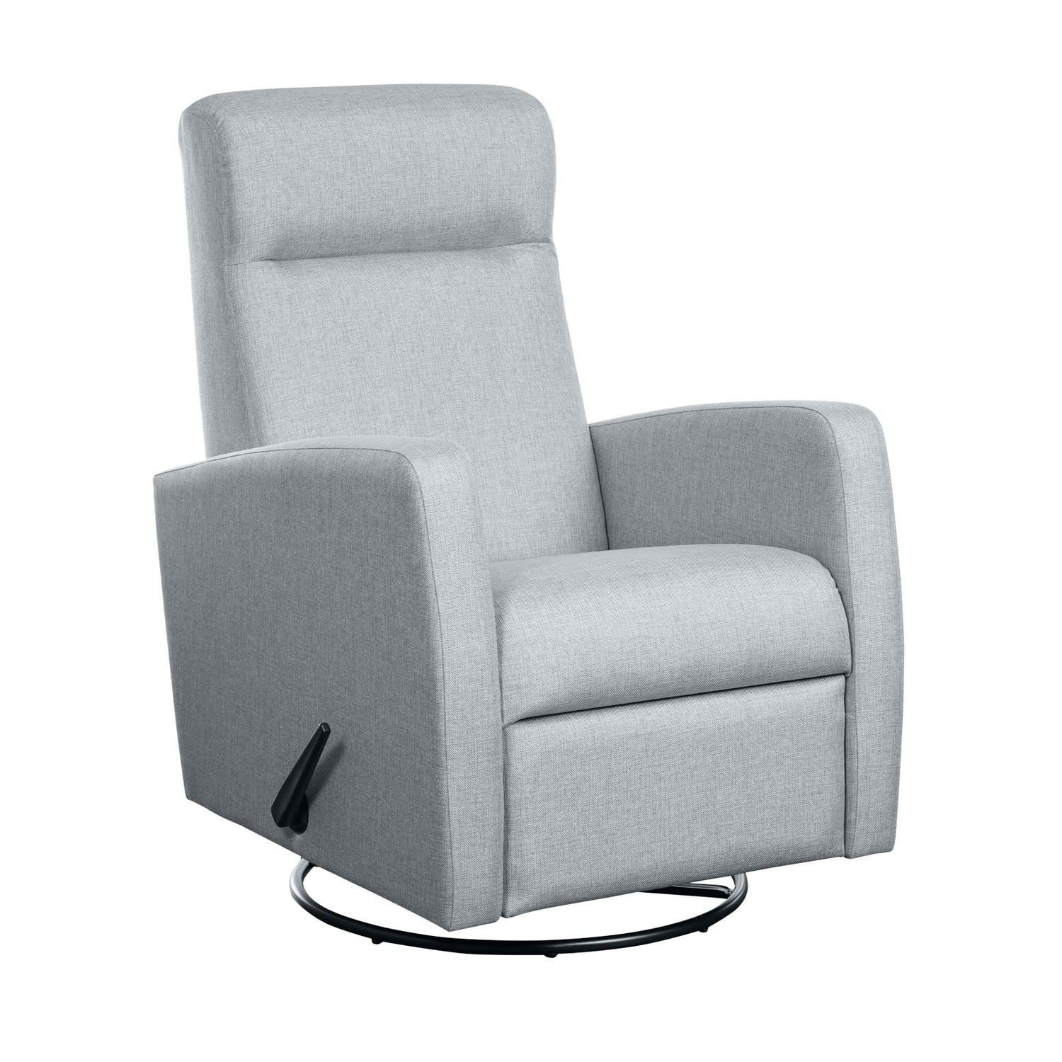 Nauvo 4 -recliner-tuoli vaaleanharmaalla Suma 17 -verhoilukankaalla. Nauvo 4 -mekanismituoli on malliltaan siro ja kapea recliner, jonka toimintoja säädetään kuvassa näkyvästä muovisesta kahvasta.