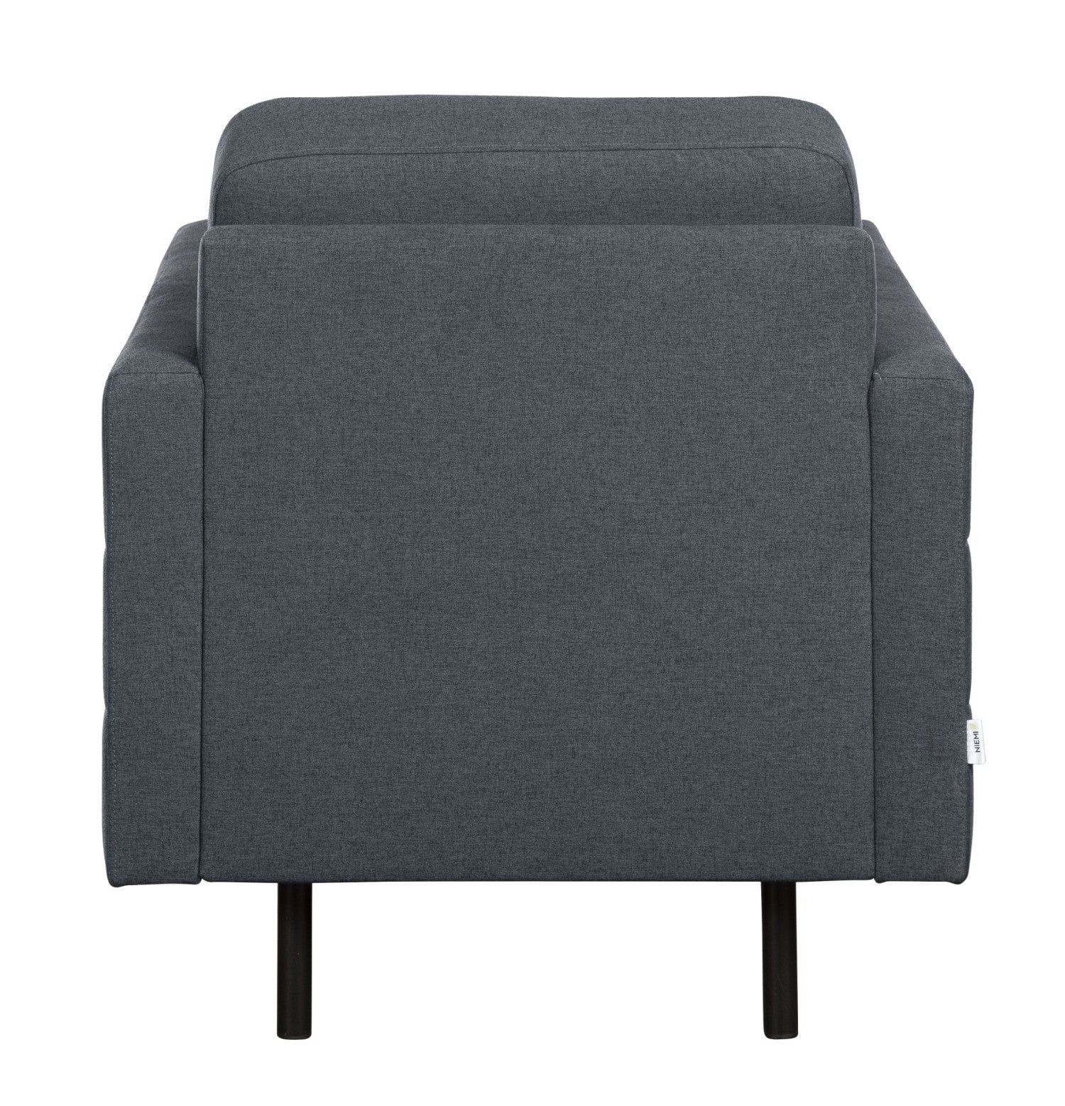 Nauvo-nojatuoli tummansinisellä Stella 53 -verhoilulla ja mustilla metallijaloilla.