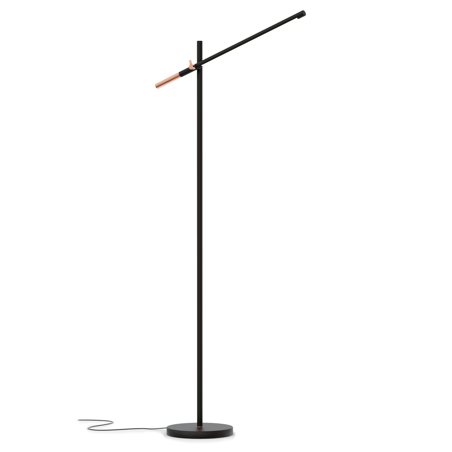 Musta Piano-lattiavalaisin kuparin värisellä yksityiskohdalla.