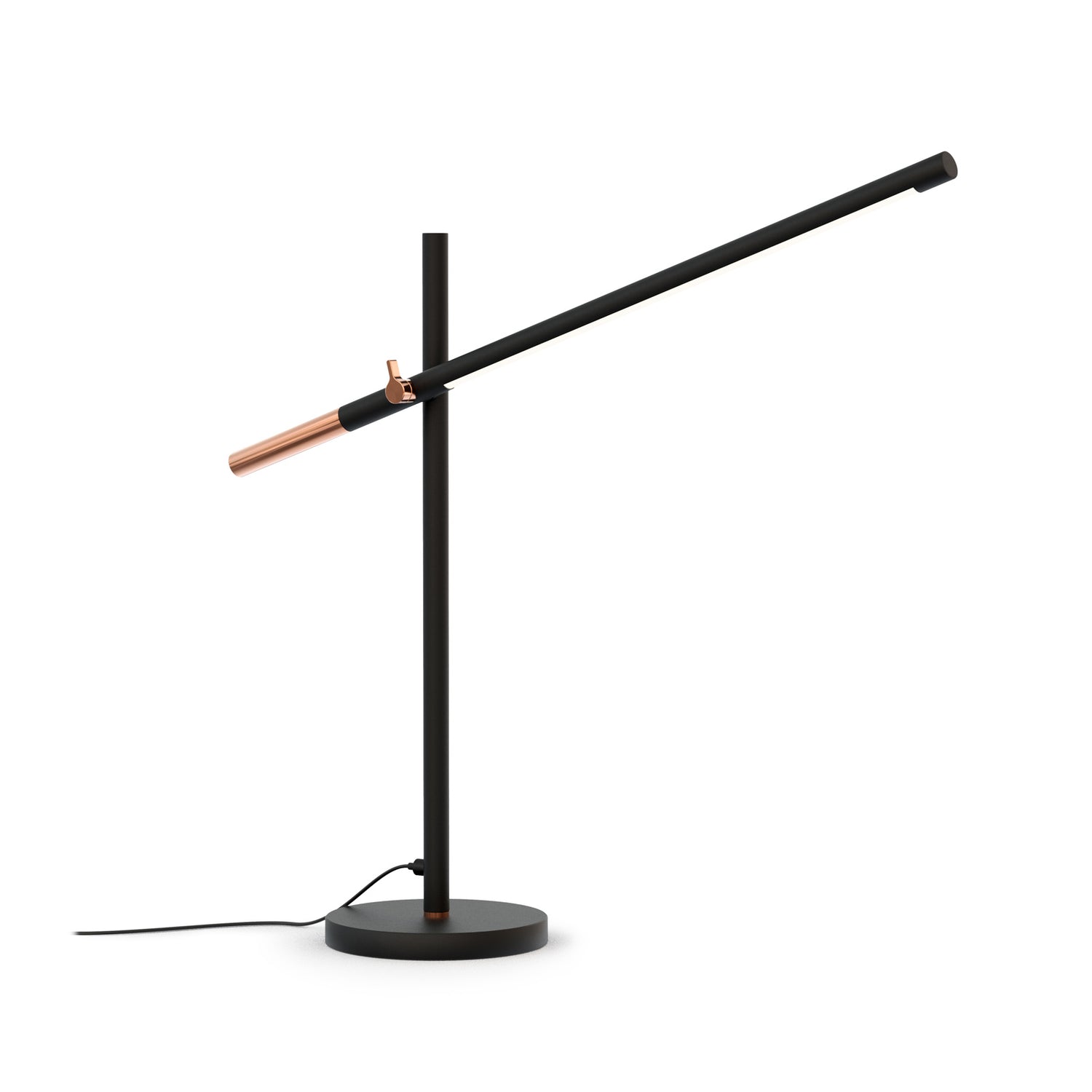 Musta Piano-pöytävalaisin kuparin värisellä yksityiskohdalla.