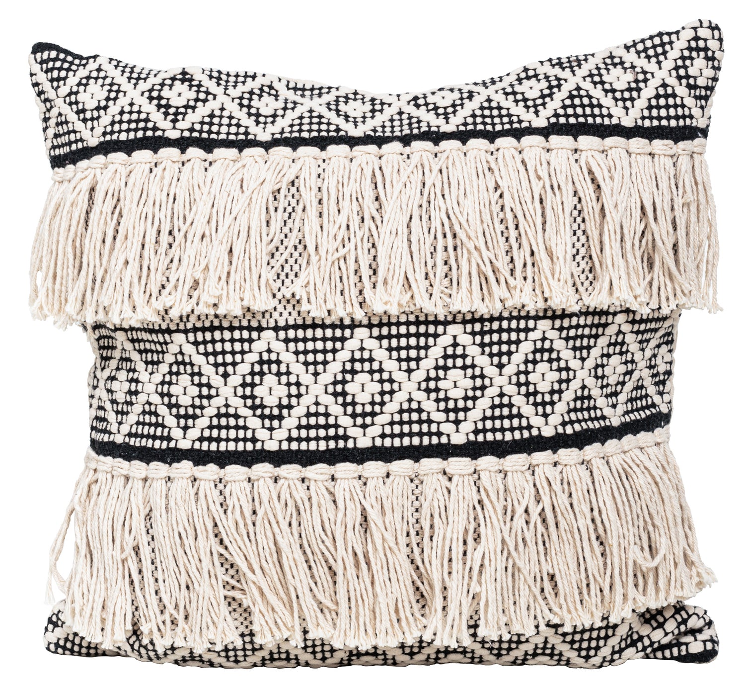 Riimu Hapsu -koristetyyny mustana. Tyynyssä on luonnonvalkoinen kuviointi ja hapsuja kahdessa rivissä.
