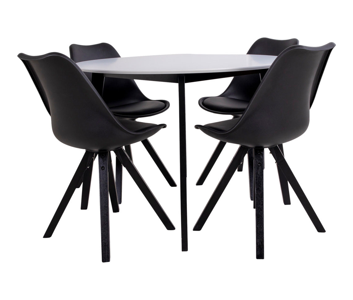 Pyöreä Rimini/Roma-ruokailuryhmä on neljän hengen pöytäryhmä, jossa yhdistyvät kevytilmeinen Rimini-ruokapöytä ja Roma-kuppituolit. Kuvassa musta/valkoinen pöytäryhmä.