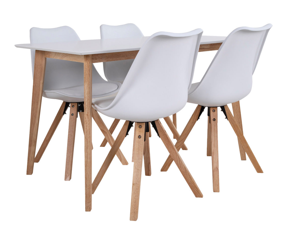 Rimini/Roma-ruokailuryhmä on neljän hengen pöytäryhmä, jossa yhdistyvät kevytilmeinen Rimini-ruokapöytä ja Roma-kuppituolit. Kuvassa on valkoinen/puunvärinen ruokailuryhmä.