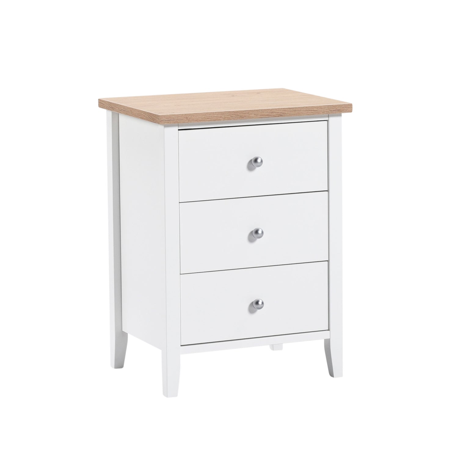 Valkoinen Saara-sarjan 3-laatikkoinen lipasto tammenvärisellä kansilevyllä.