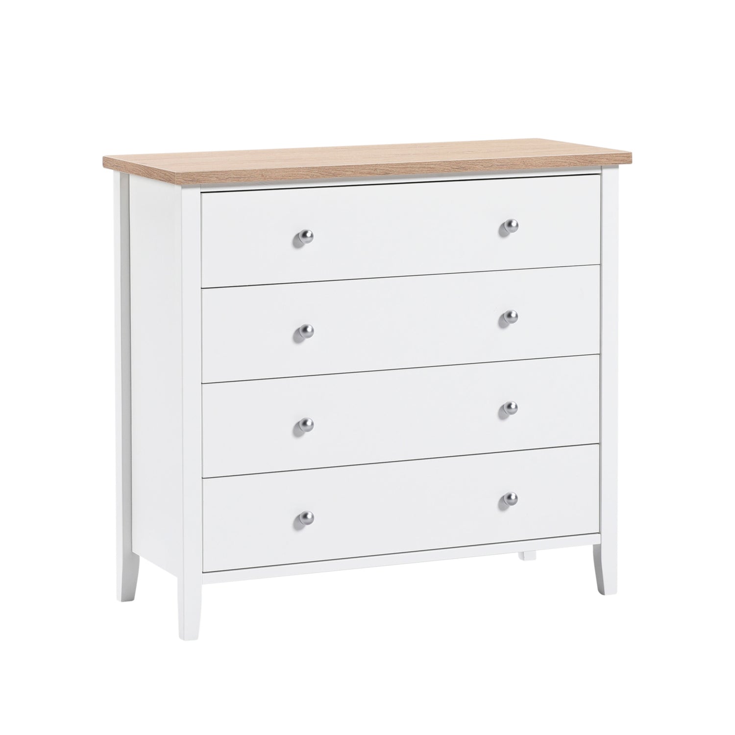 Valkoinen Saara-sarjan 4-laatikkoinen leveä lipasto tammenvärisellä kansilevyllä.