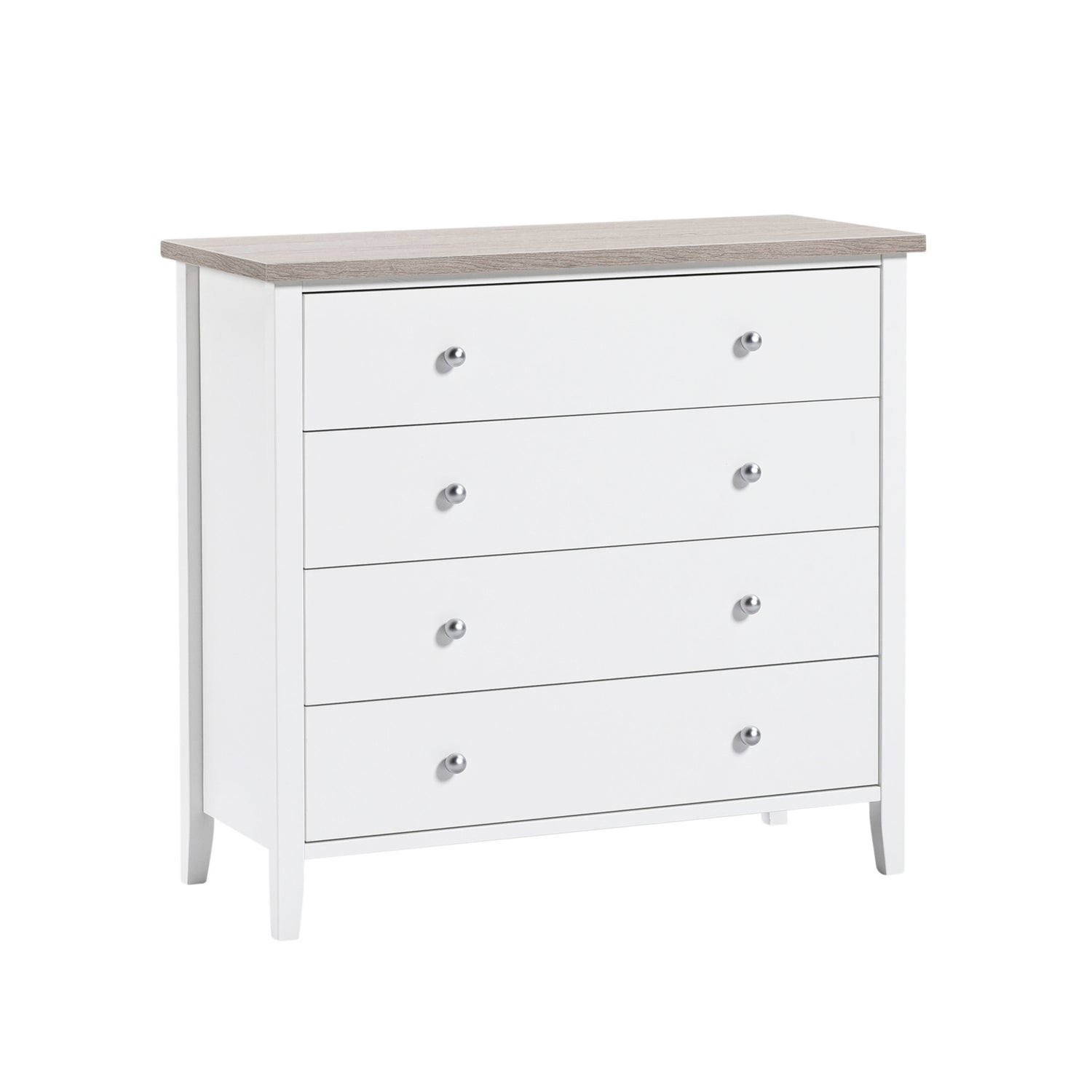 Valkoinen Saara-sarjan 4-laatikkoinen leveä lipasto valkosaarninvärisellä kansilevyllä.