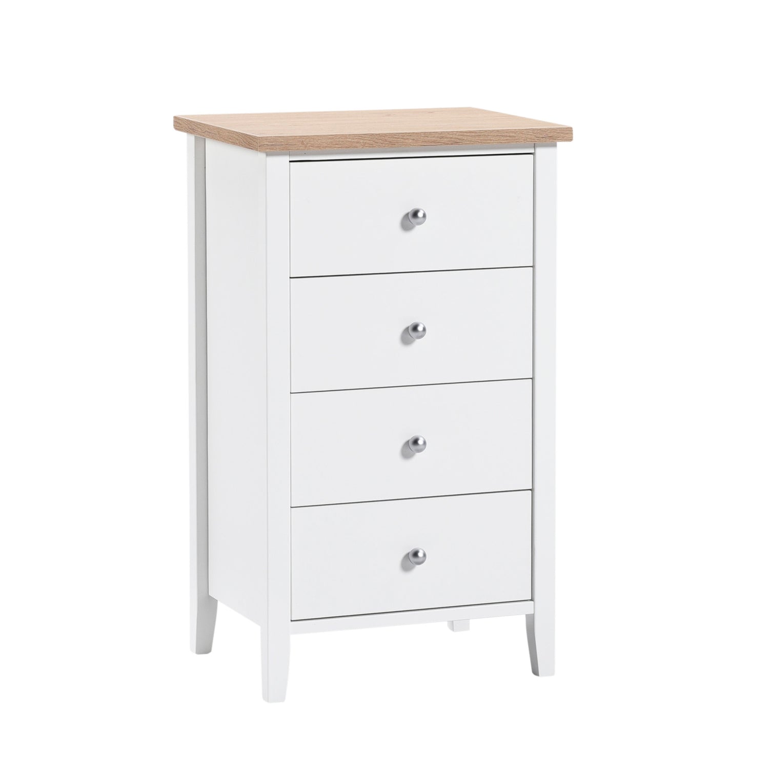 Valkoinen Saara-sarjan 4-laatikkoinen lipasto tammenvärisellä kansilevyllä.