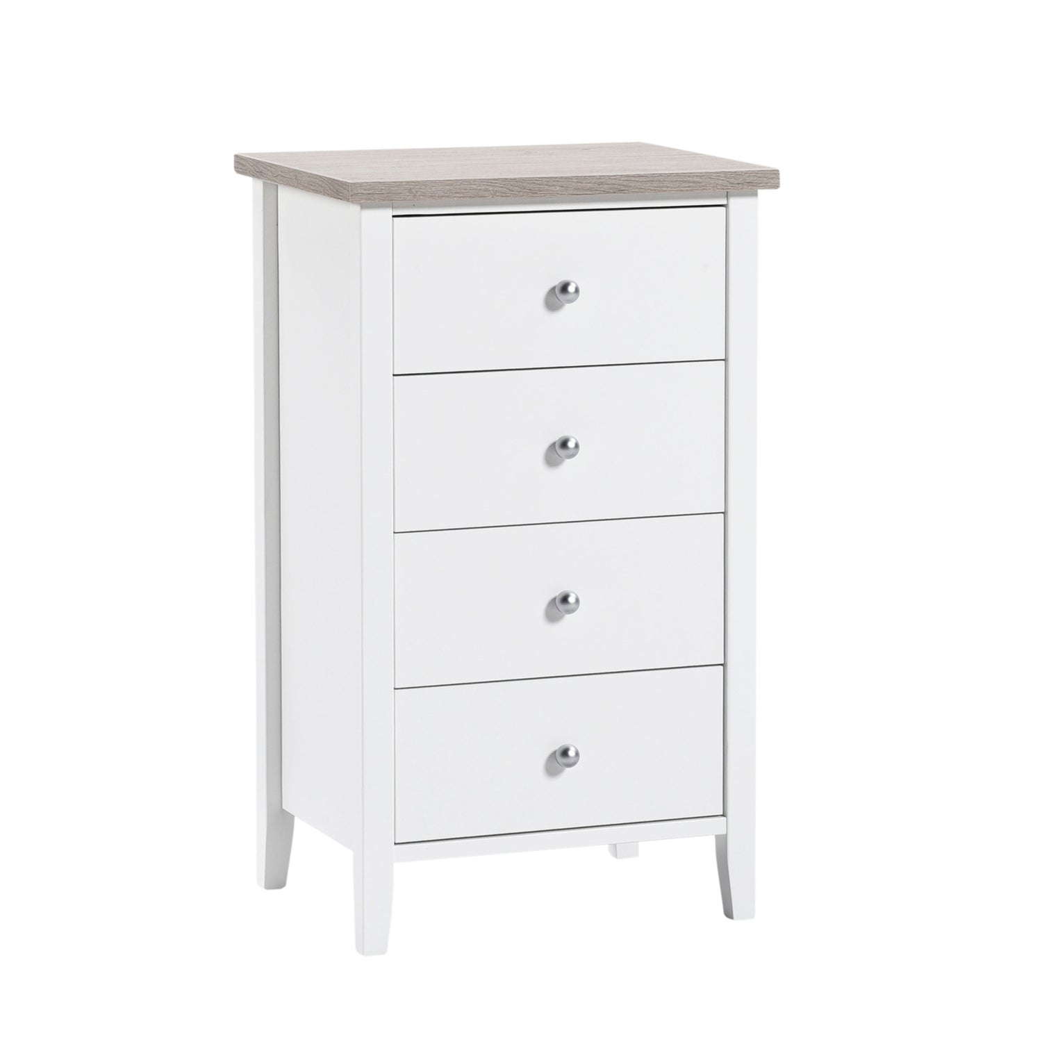 Valkoinen Saara-sarjan 4-laatikkoinen lipasto valkosaarninvärisellä kansilevyllä.