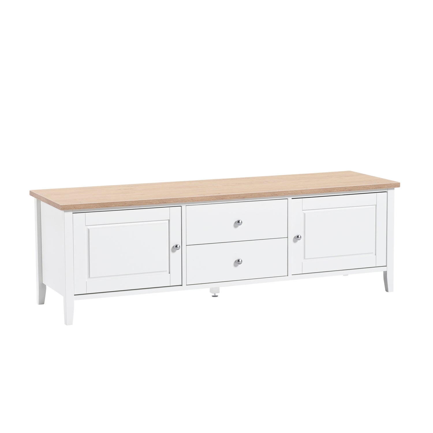 Valkoinen Saara-sarjan tv-taso tammenvärisellä kansilevyllä. Monikäyttöisessä tasossa on sekä laatikko että kaappitilaa.